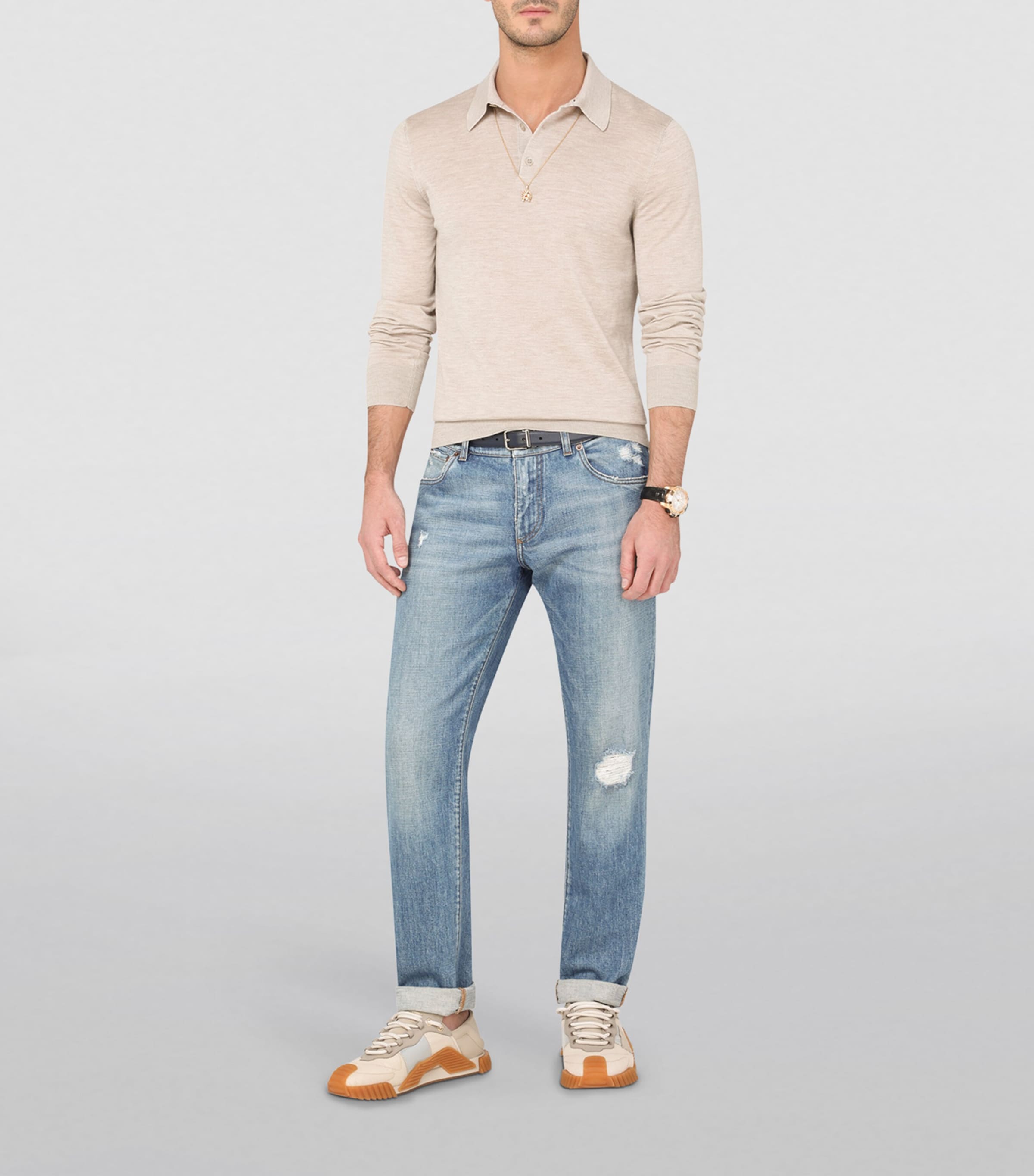 Dolce&Gabbana Mens Cashmere Polo-Style Sweater Beige Image 2