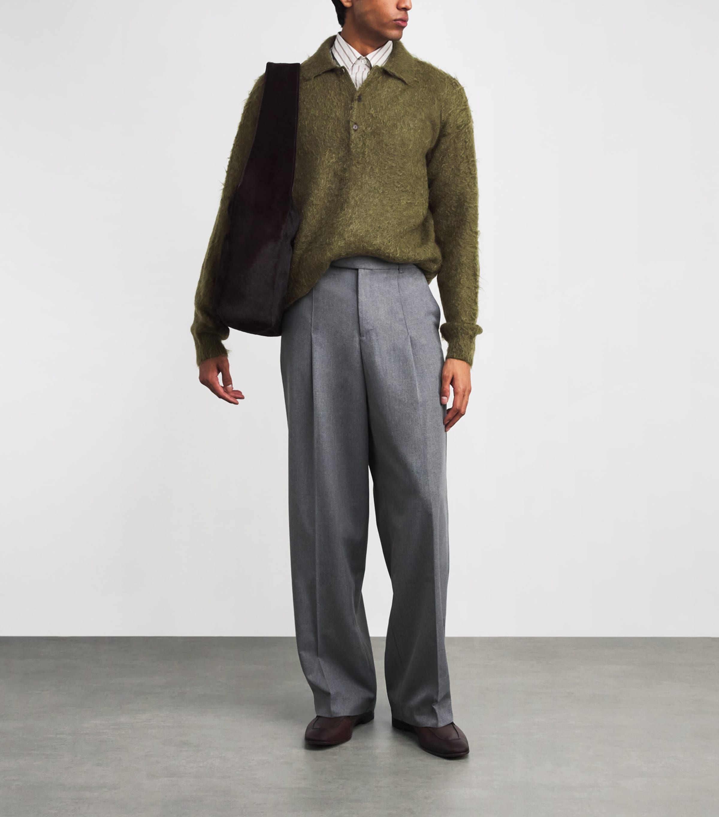 Super Kid Mohair-Wool Brushed Polo Sweater OLIVE Image 2