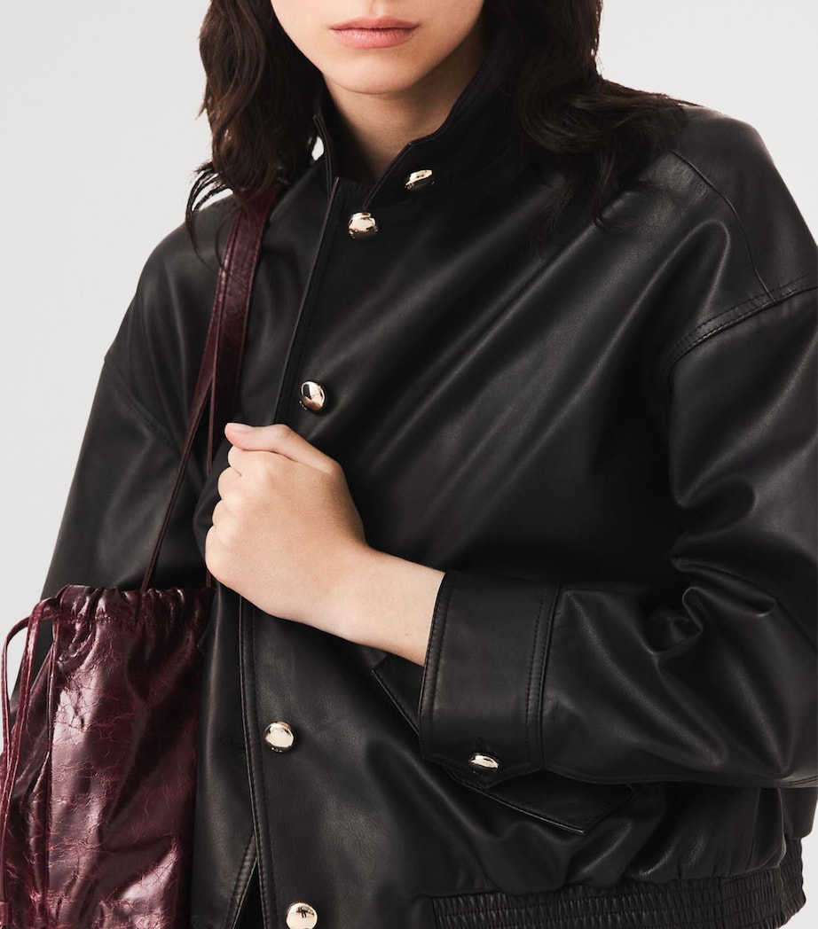 Maje Womens Leather Funnel-Neck Jacket Black Image 7