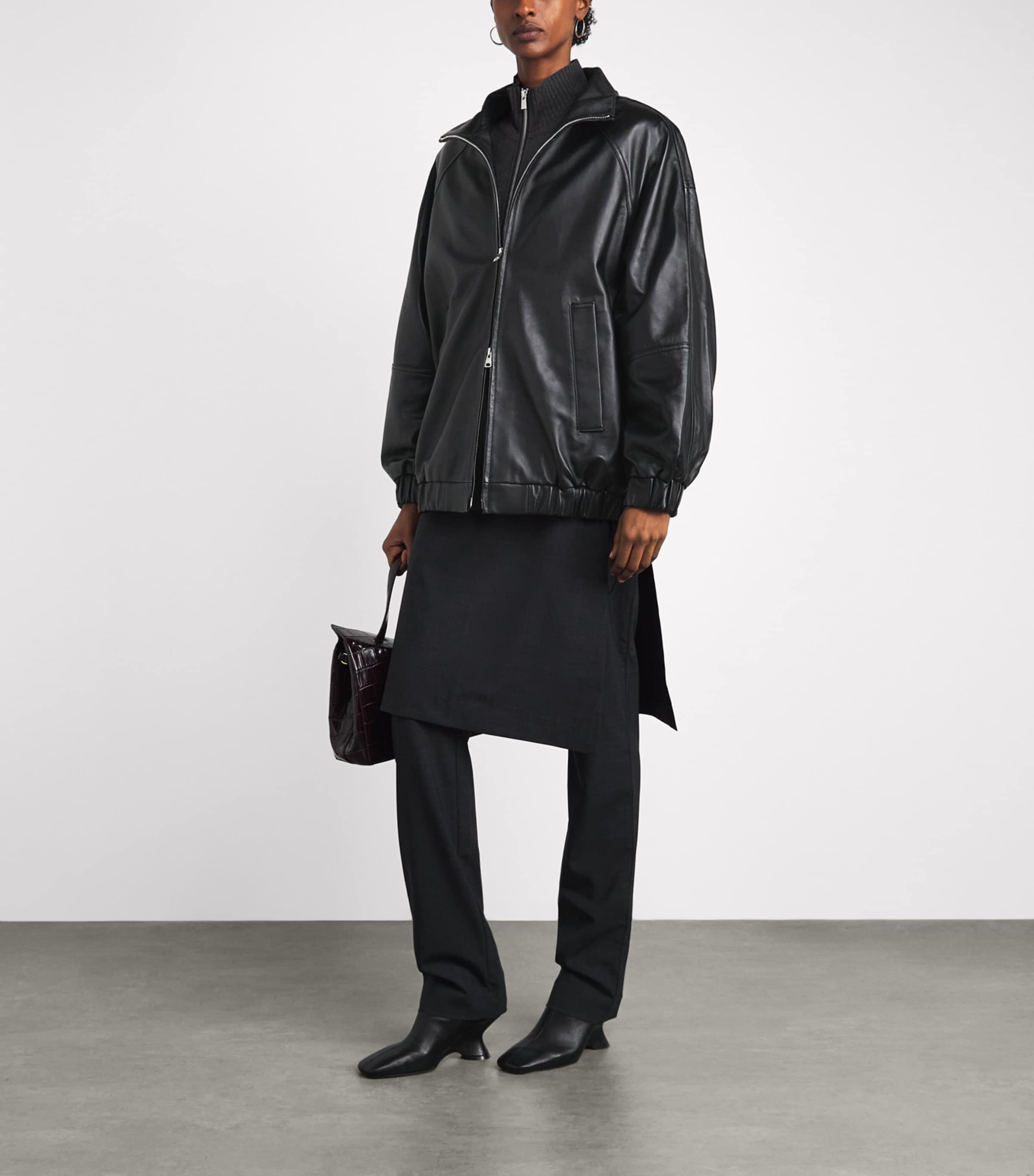 CHAROUX Womens Globe Leather Bomber Jacket Black Image 2
