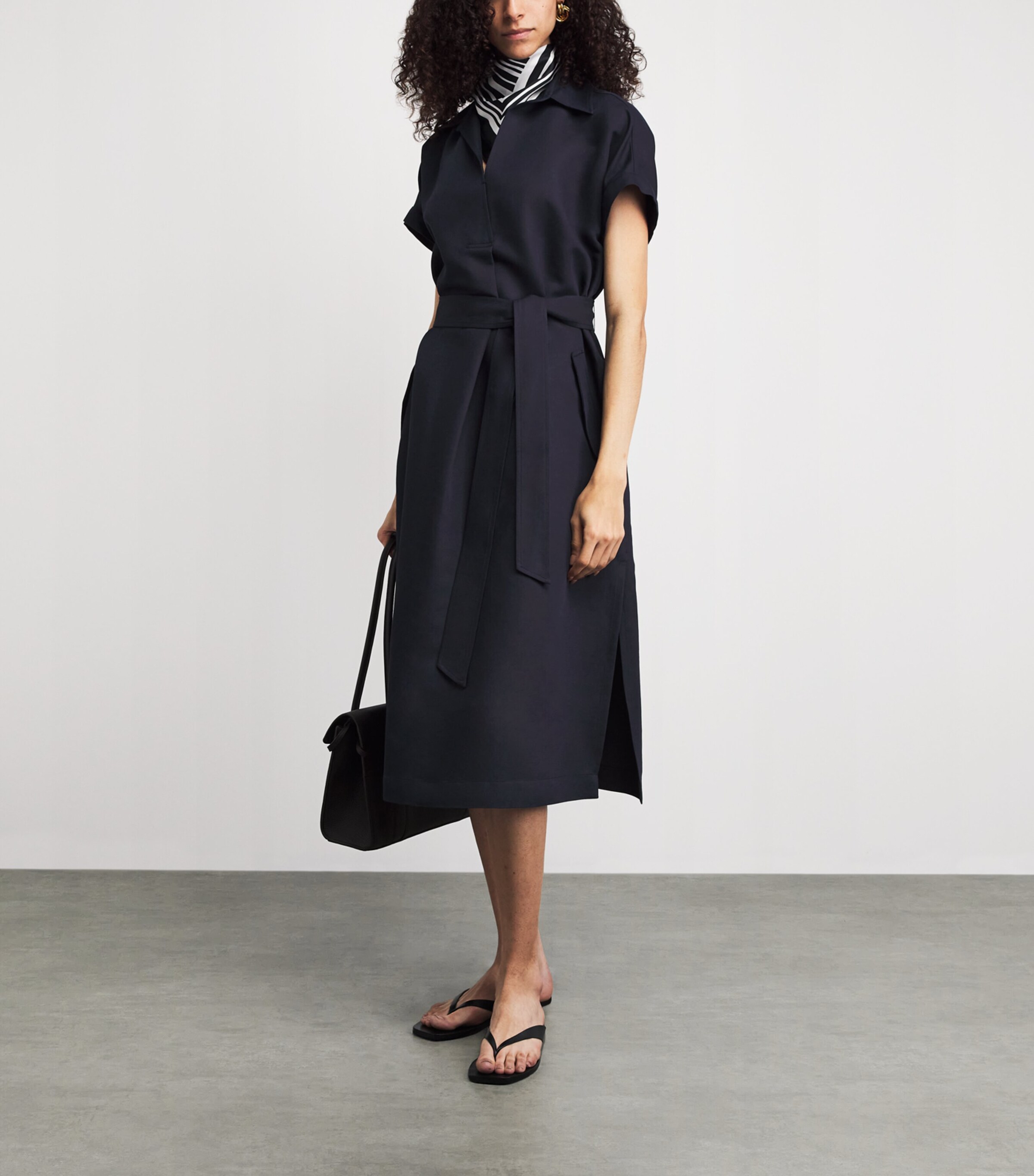 knee length dresses for ladies Navy Linen Blend Midi Dress  Karabo