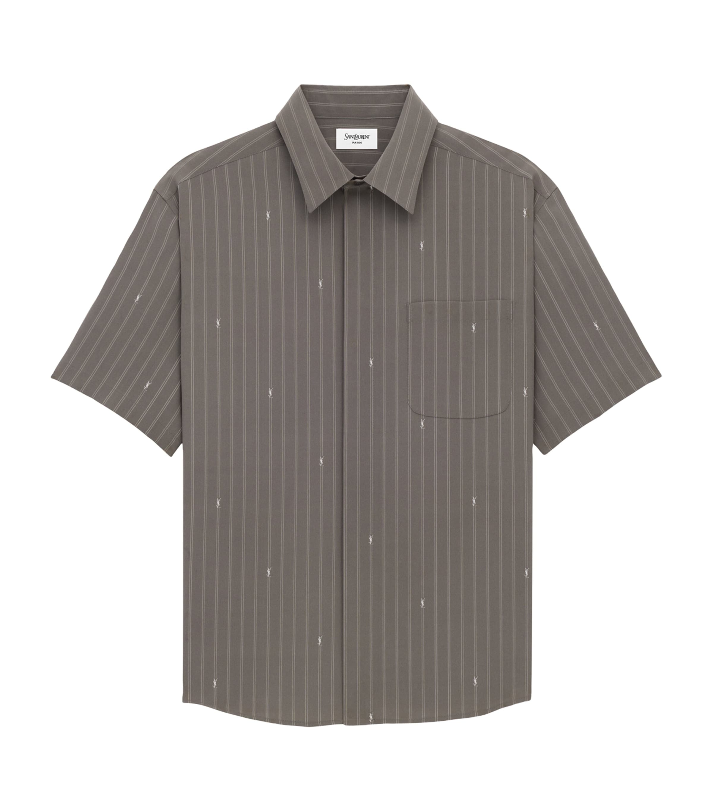 Saint Laurent Silk Stripe Cassandre Shirt In Gray
