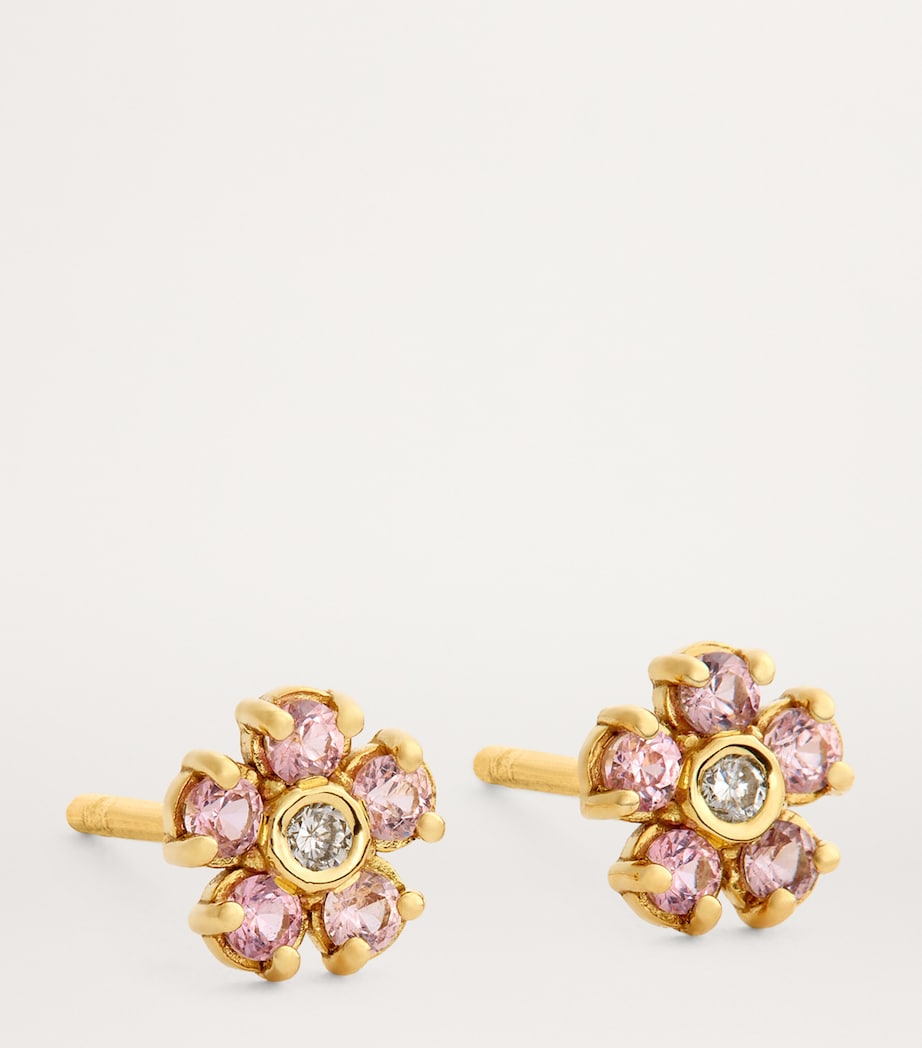Mini Yellow Gold, Diamond and Pink Sapphire Edith Flower Earrings YELLOW GOLD Image 3