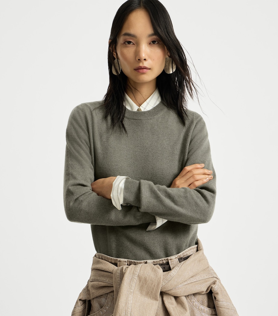 Brunello Cucinelli Womens Cashmere Monili-Detail Sweater Dark Green Image 4