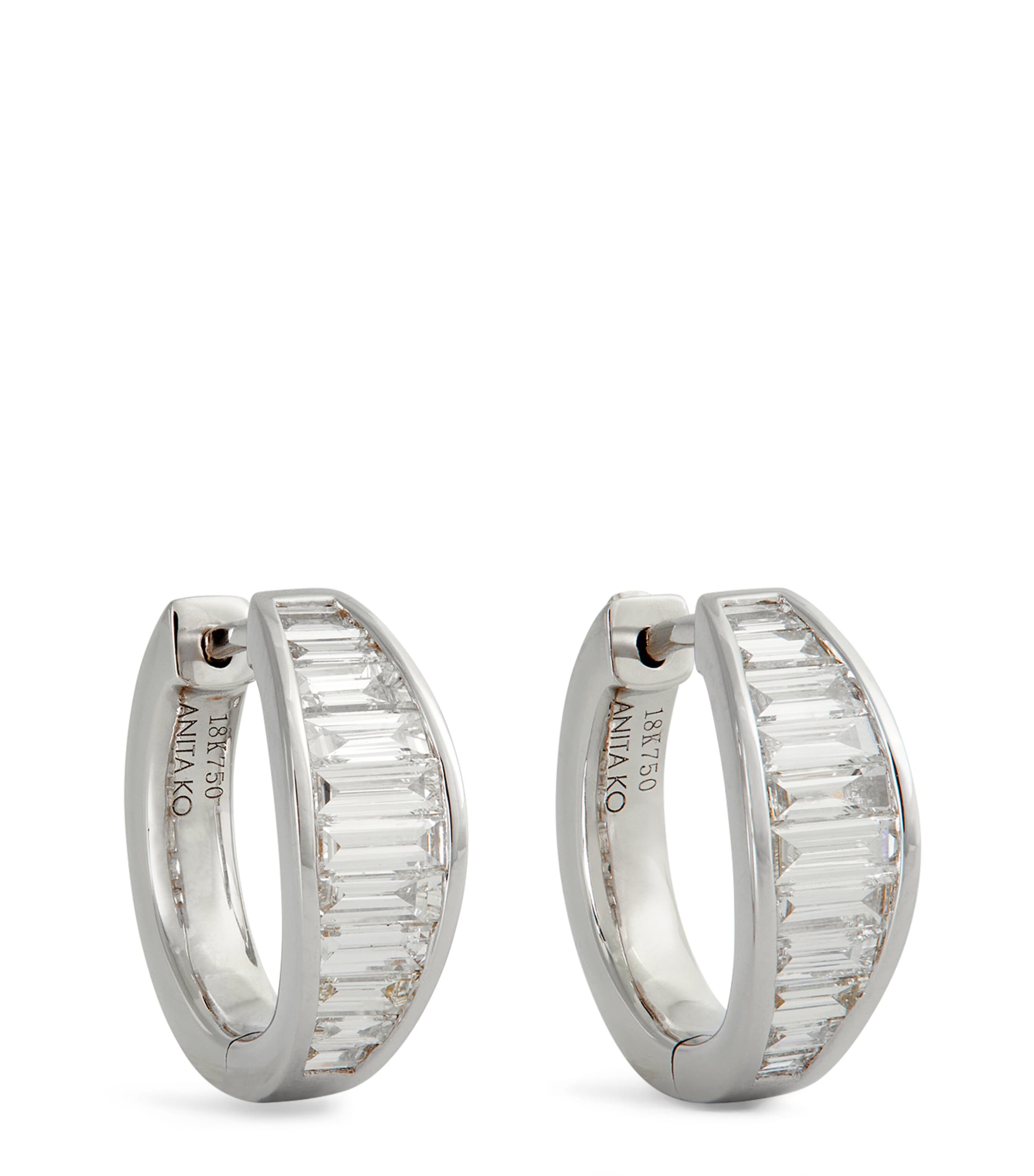 Anita Ko White Gold And Diamond Graduated Baguette Huggie Hoop Earrings In Metallic