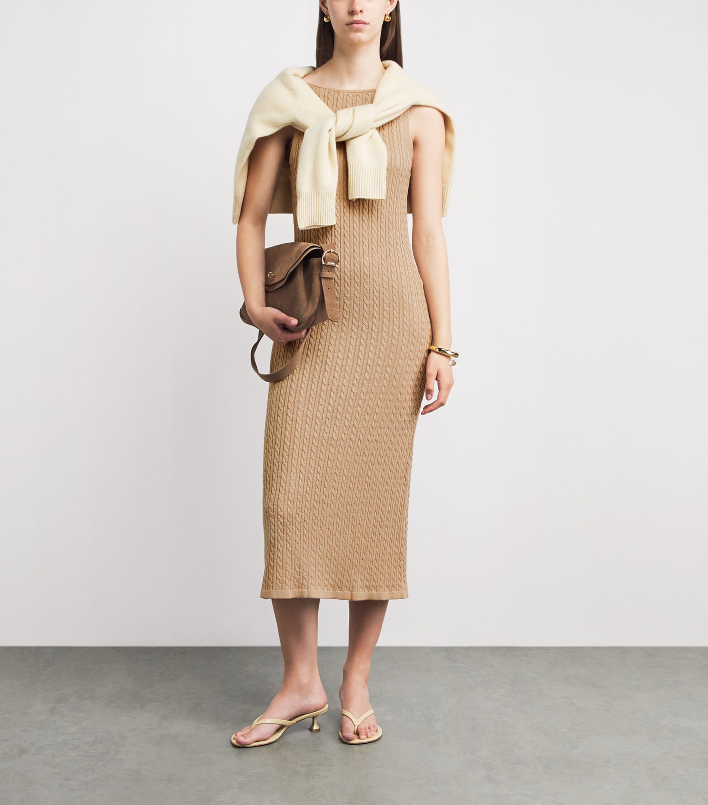 Soft Goat Womens Silk-Cashmere Cable-Knit Midi Dress Camel Image 2
