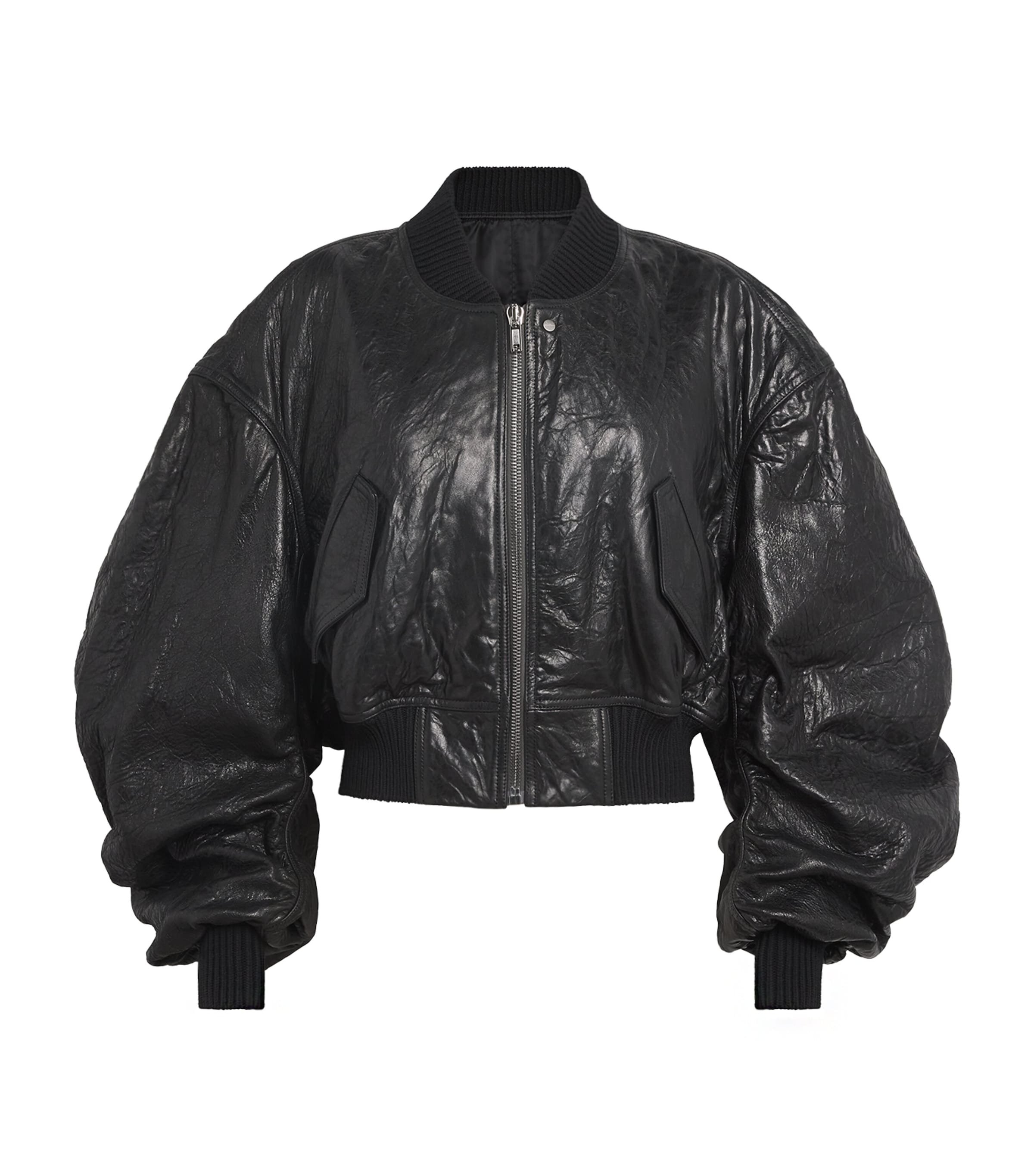Rick Owens Womens Crinkled Leather Bomber Jacket Black Image 1