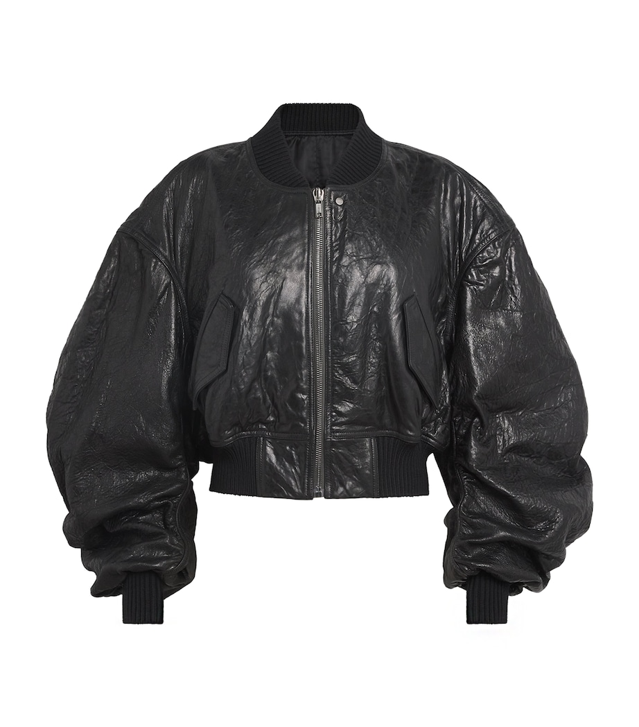 Rick Owens Womens Crinkled Leather Bomber Jacket Black Image 1