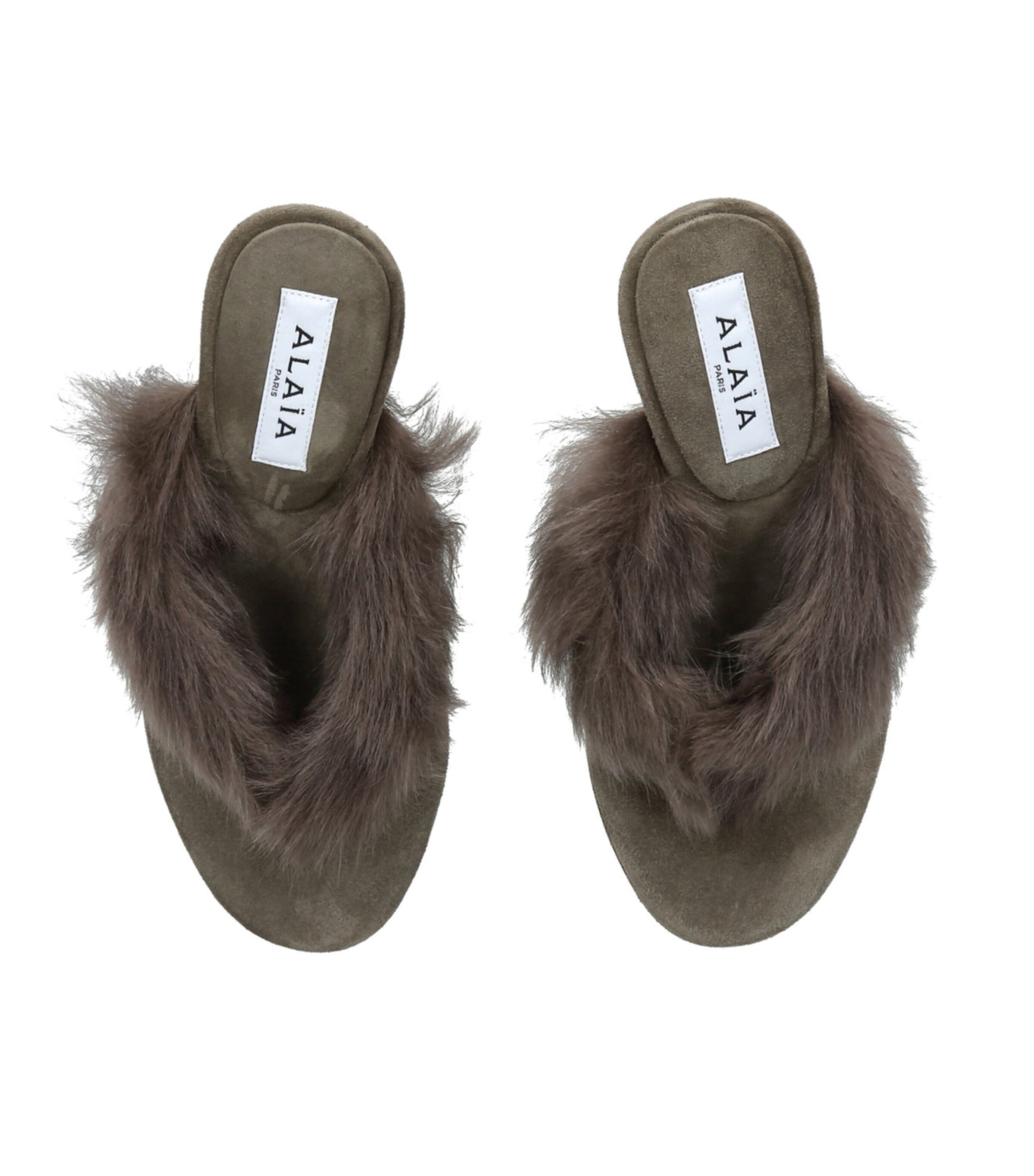 Shearling Fur Thong Heeled Mules 90 TAUPE Image 4