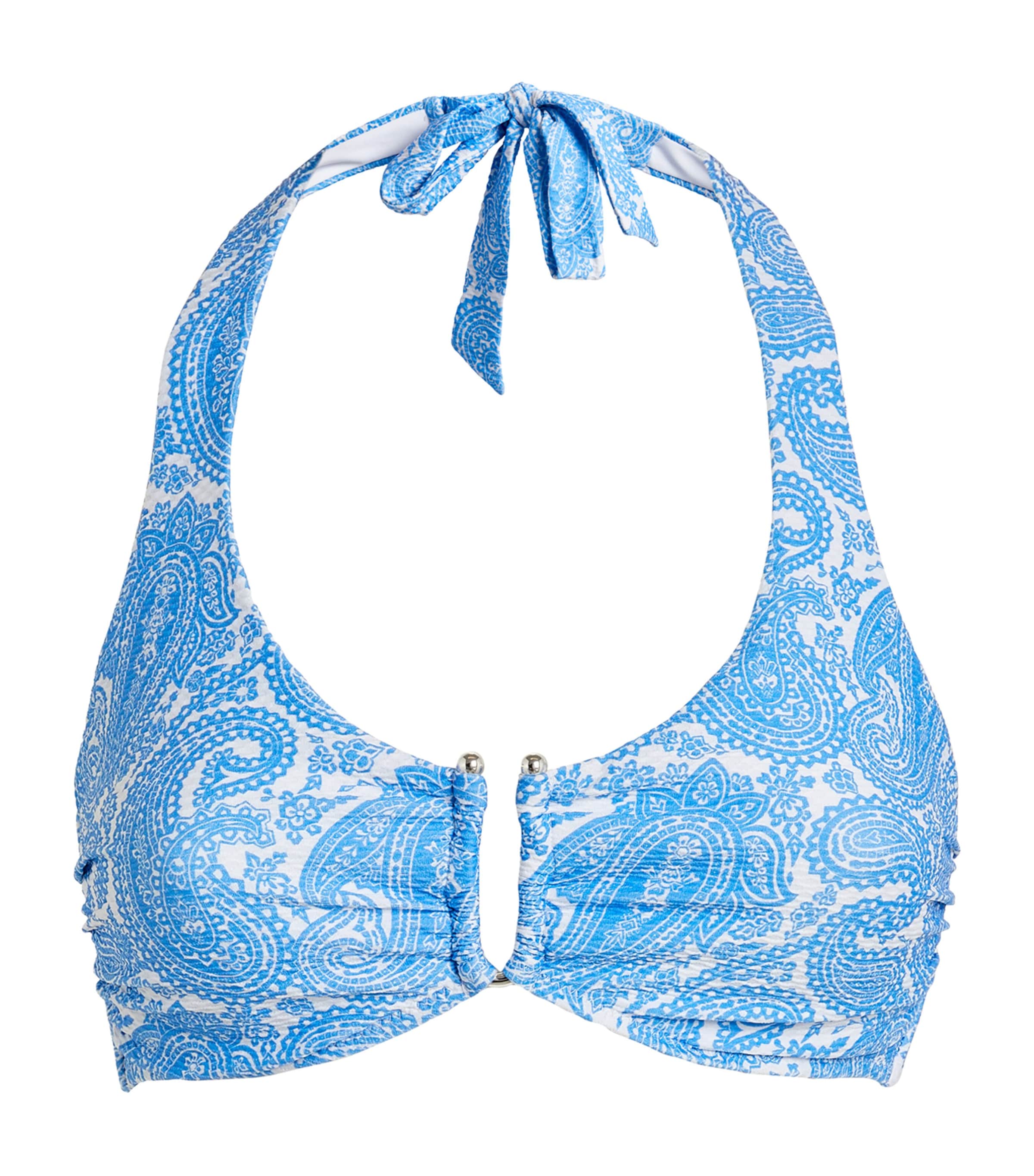 Heidi Klein Paisley-print Stretch-piqué Halterneck Bikini Top In Azure