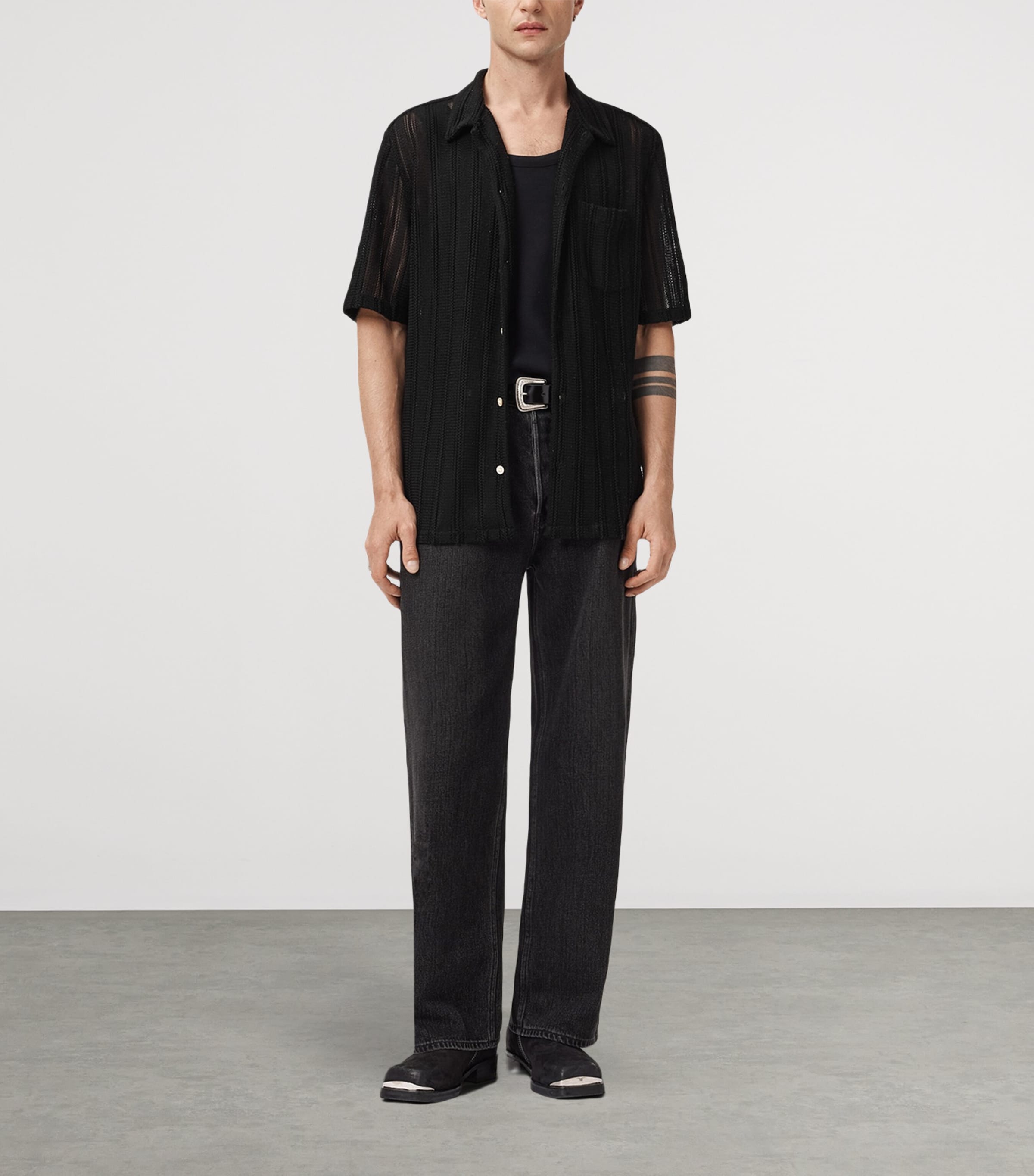 AllSaints Mens Open-Knit Sylvan Shirt Jet Black Image 2