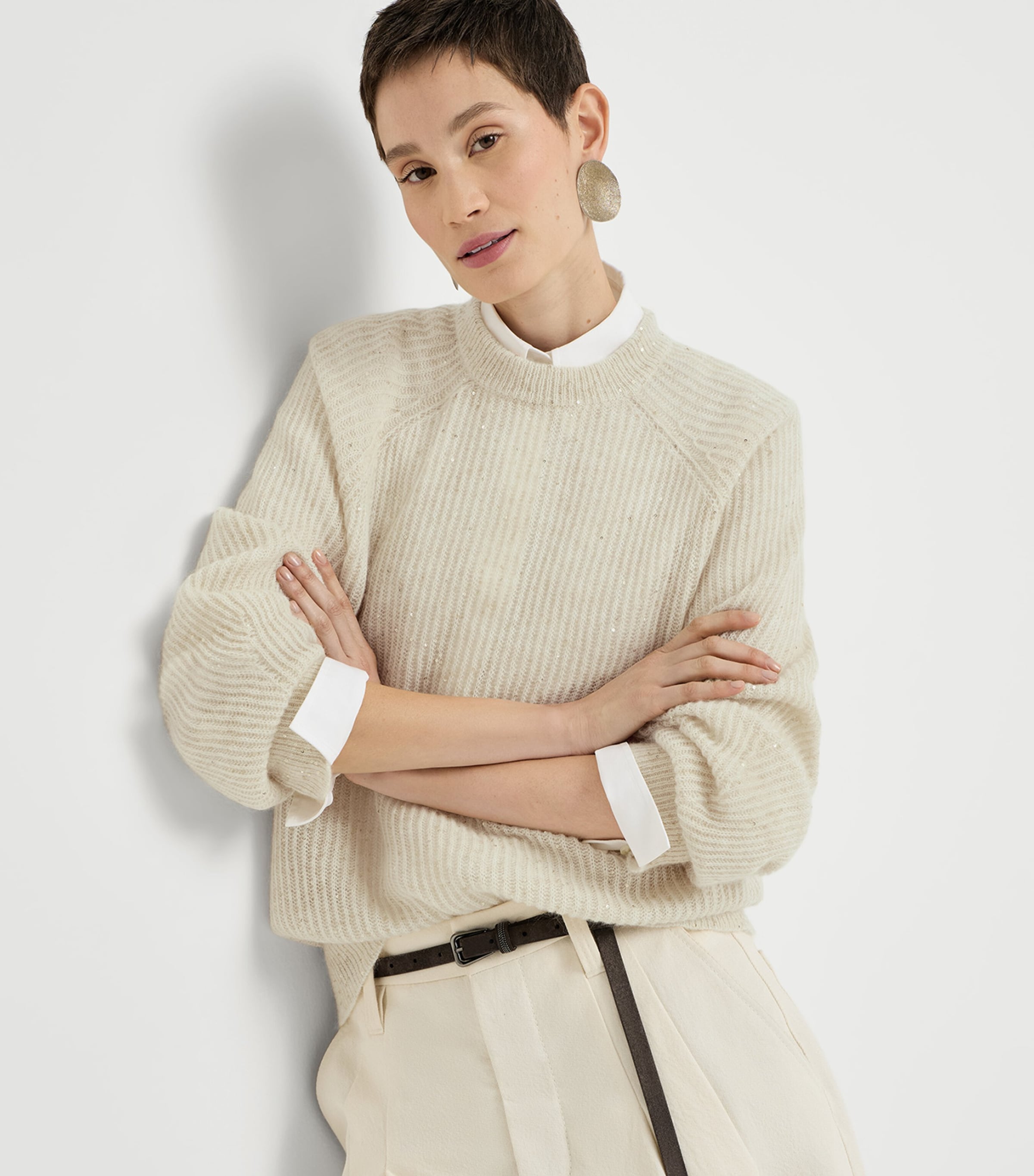Brunello Cucinelli Womens Rib-Knit Embellished Sweater Avorio Image 4