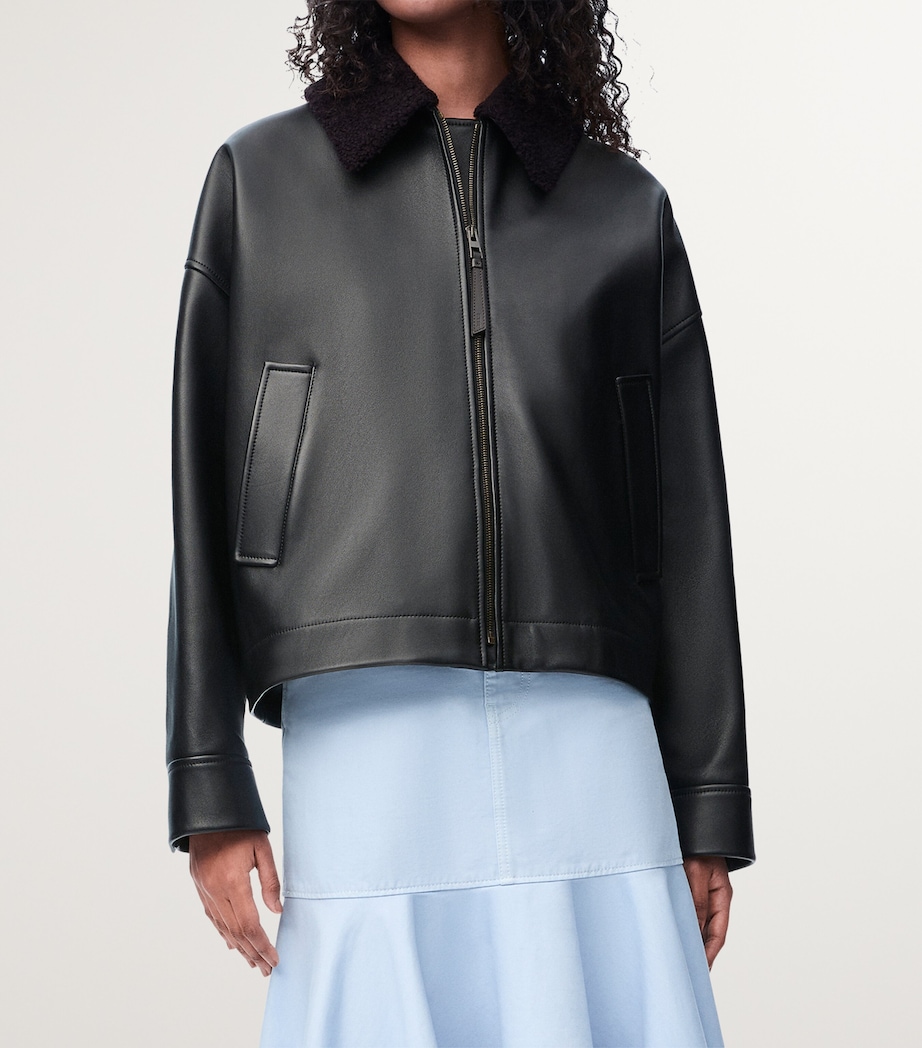 Leather Shearling-Collared Jacket BLACK Image 3