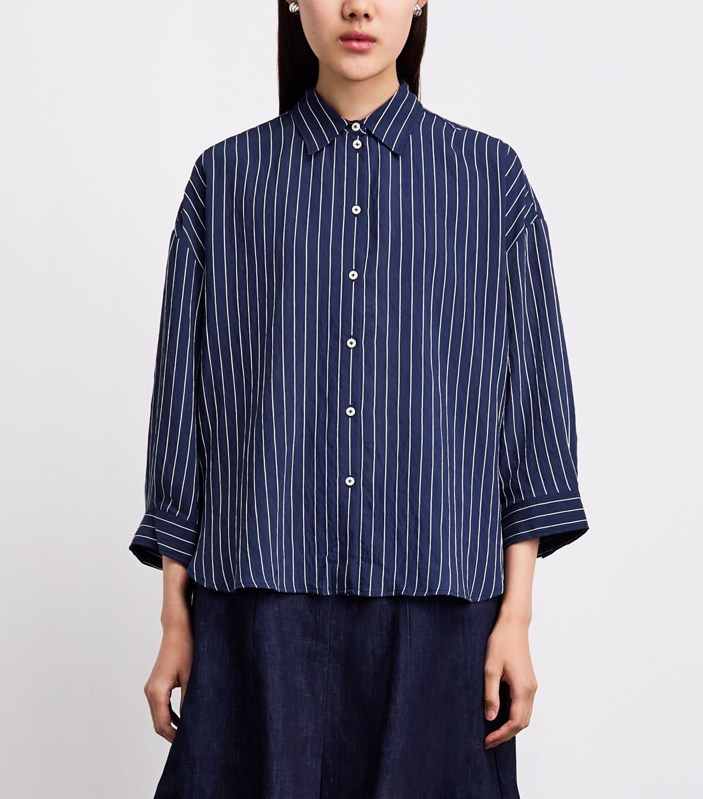 ME+EM Womens Cotton Voile Cropped-Sleeve Shirt Blue/white Image 4