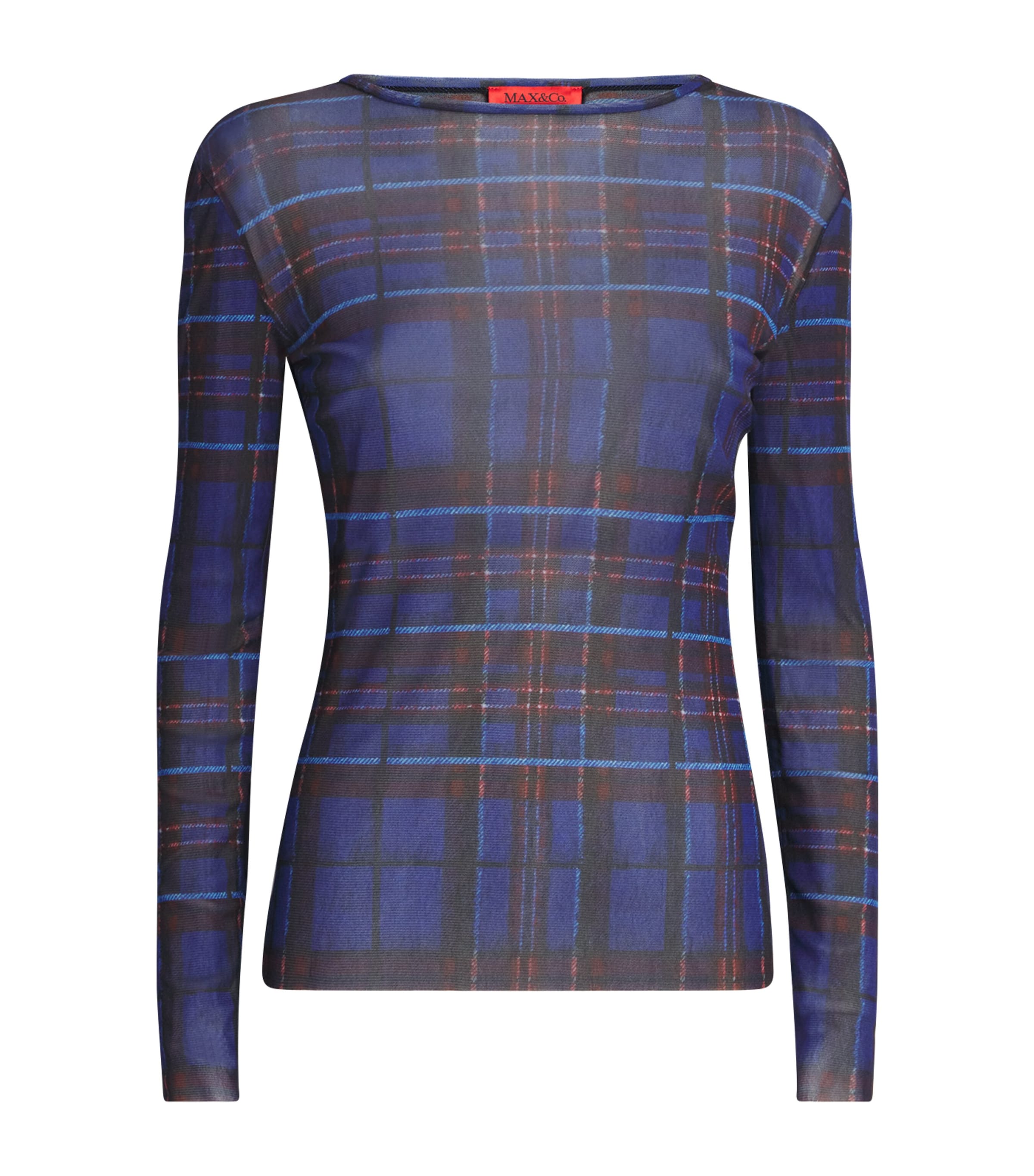 Max & Co Long-sleeve Sheer Check Top In Blue