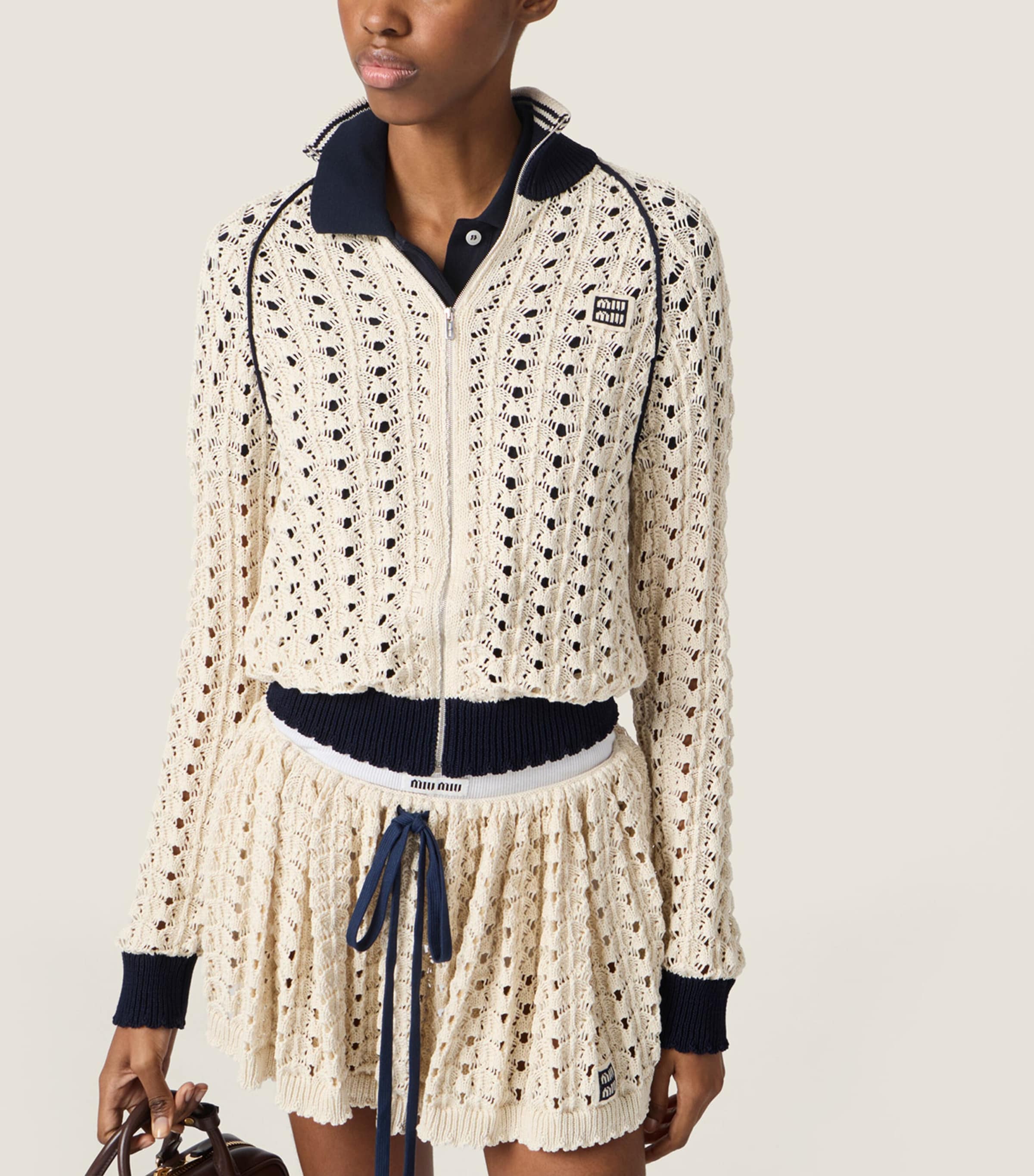 Miu Miu Womens Cotton Openwork-Knit Mini Skirt Neutral Image 5