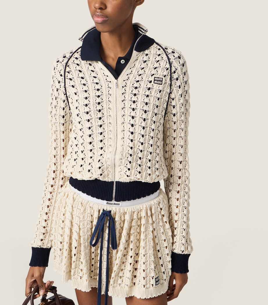 Miu Miu Womens Cotton Openwork-Knit Mini Skirt Neutral Image 5