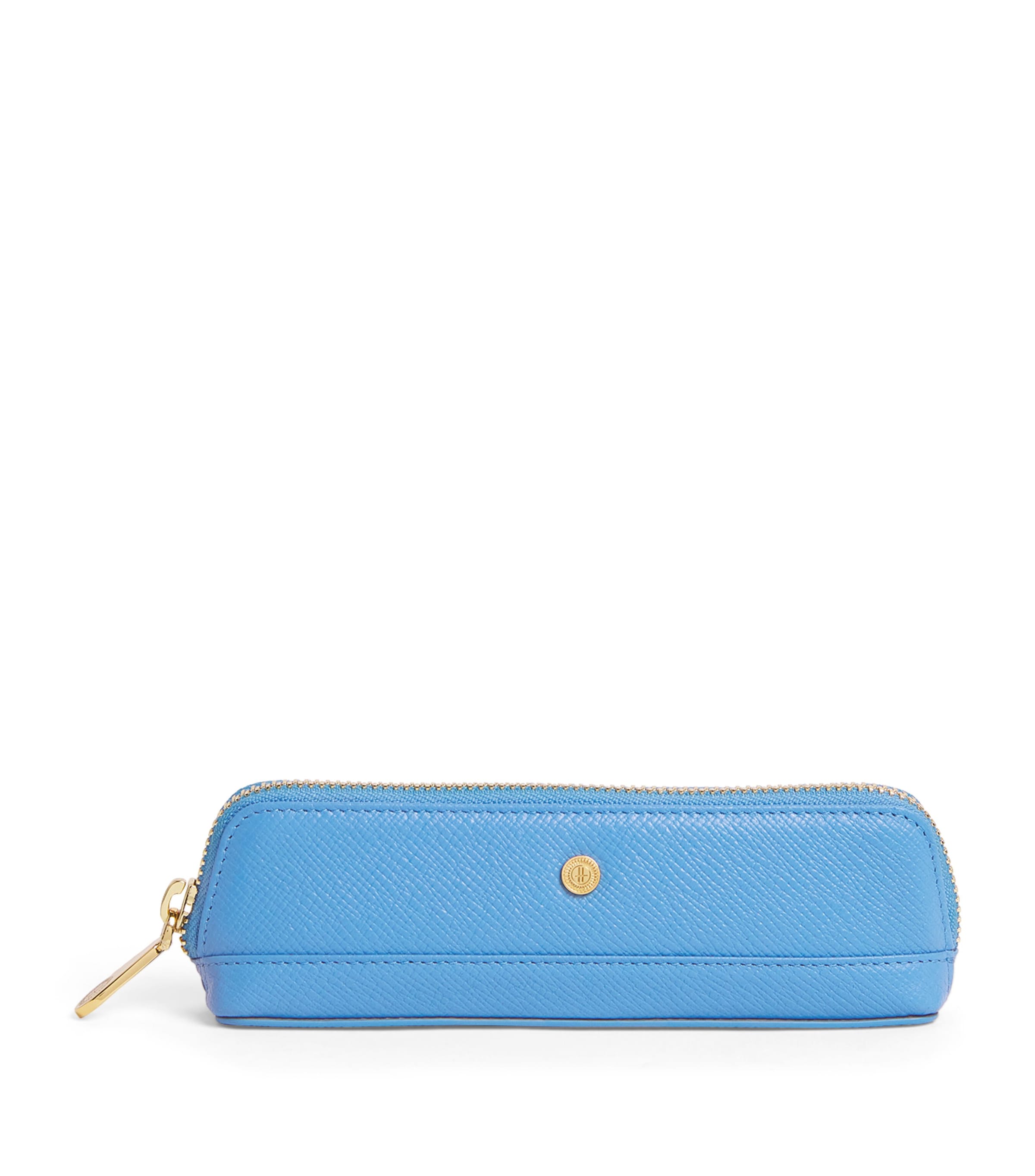 Harrods Slim Leather Pencil Case In Blue