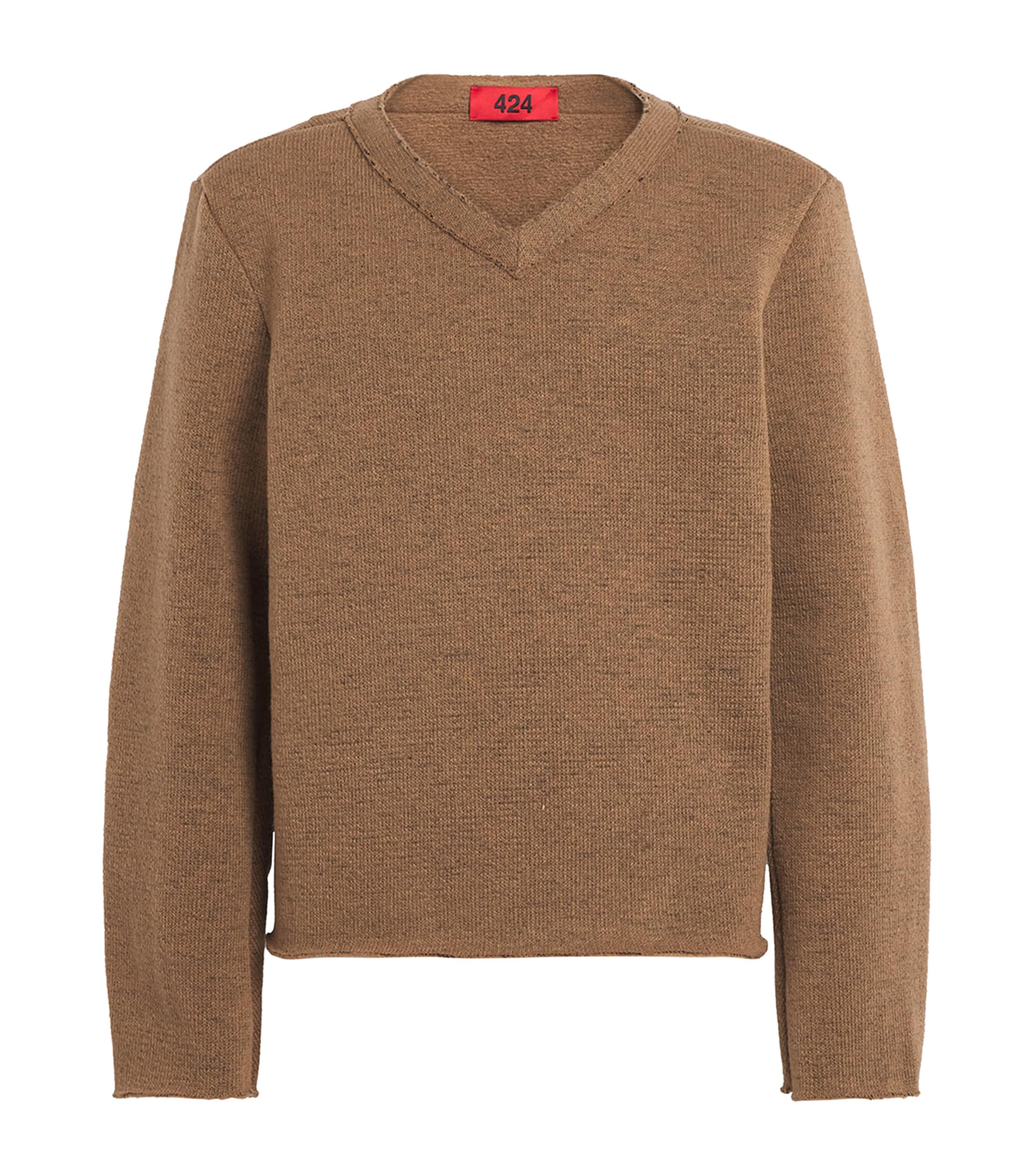 Distressed V-Neck Sweater BROWN Image 1