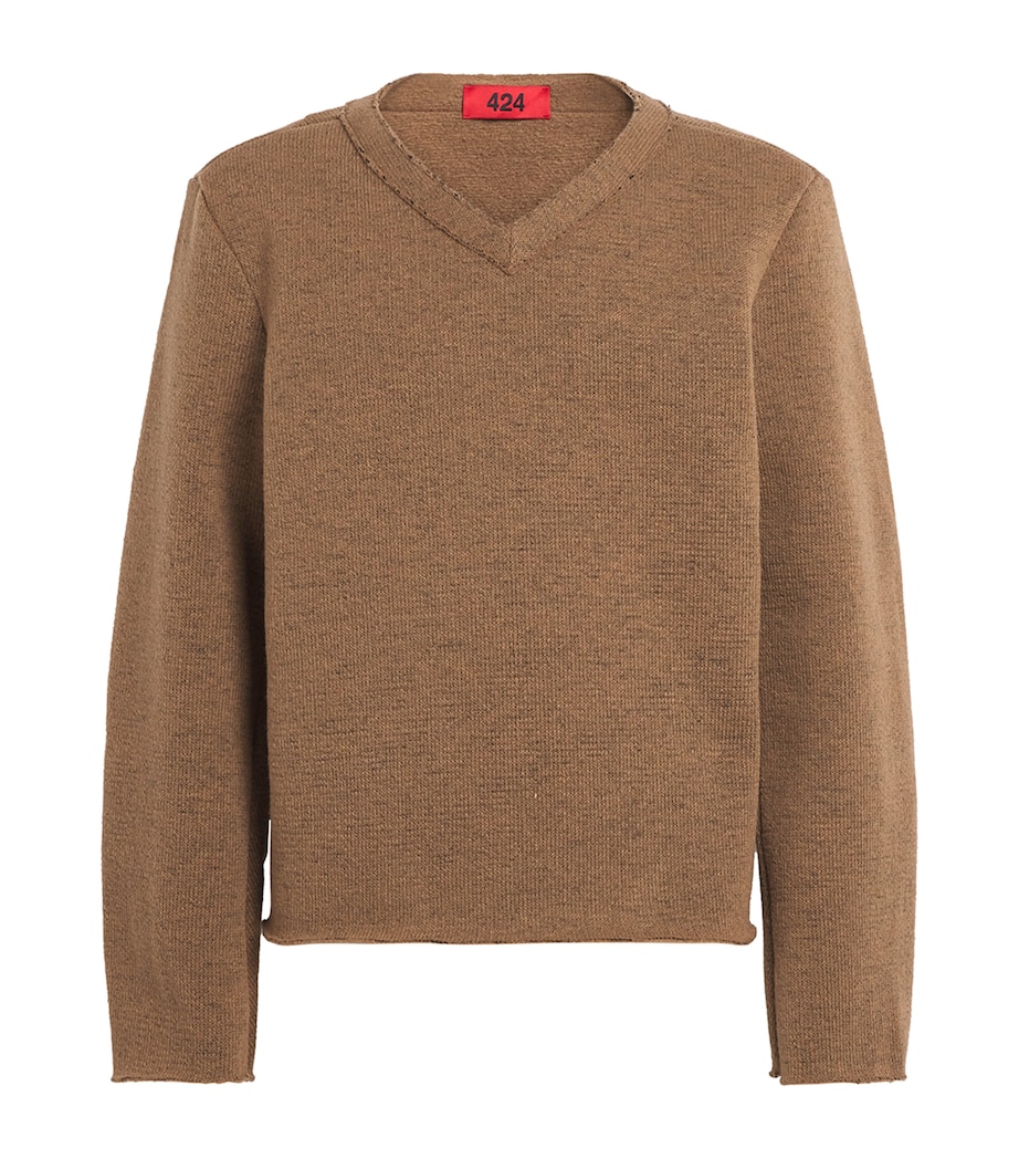 Distressed V-Neck Sweater BROWN Image 1