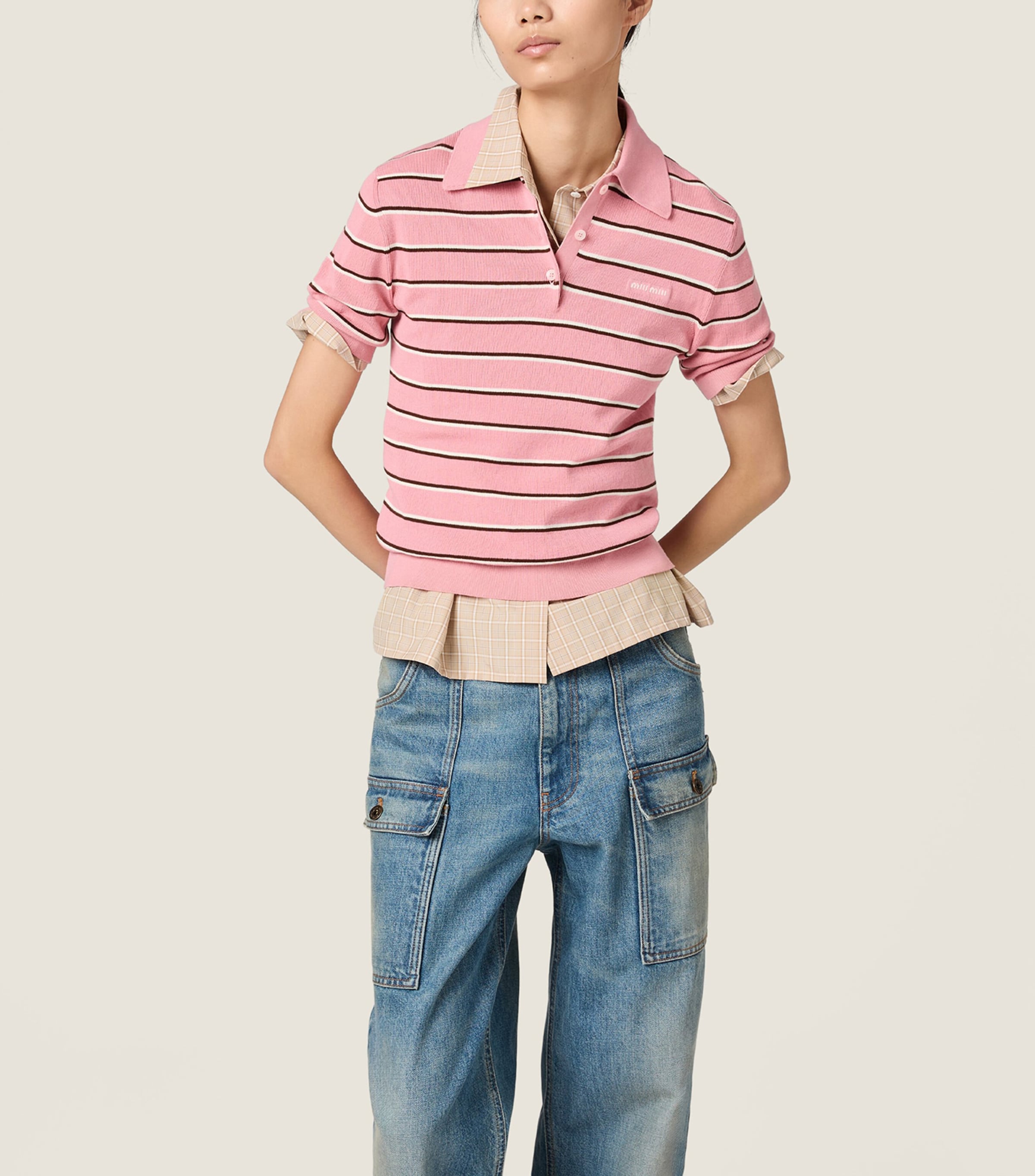 Miu Miu Womens Stretch-Cotton Stripe Polo Shirt Pink Image 5