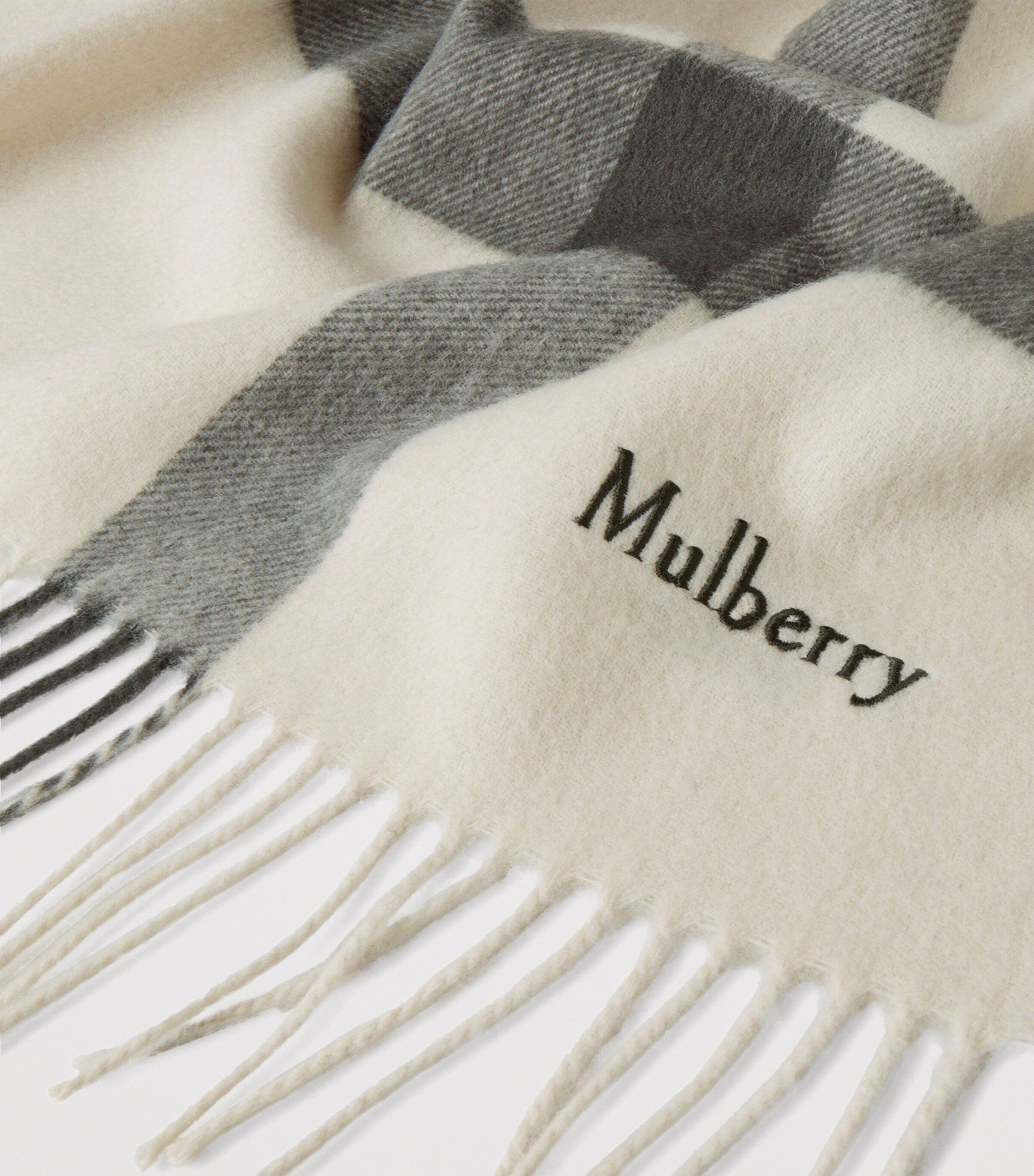 Mulberry Large Merino Wool Check Scarf Eggshell Olive Image 3