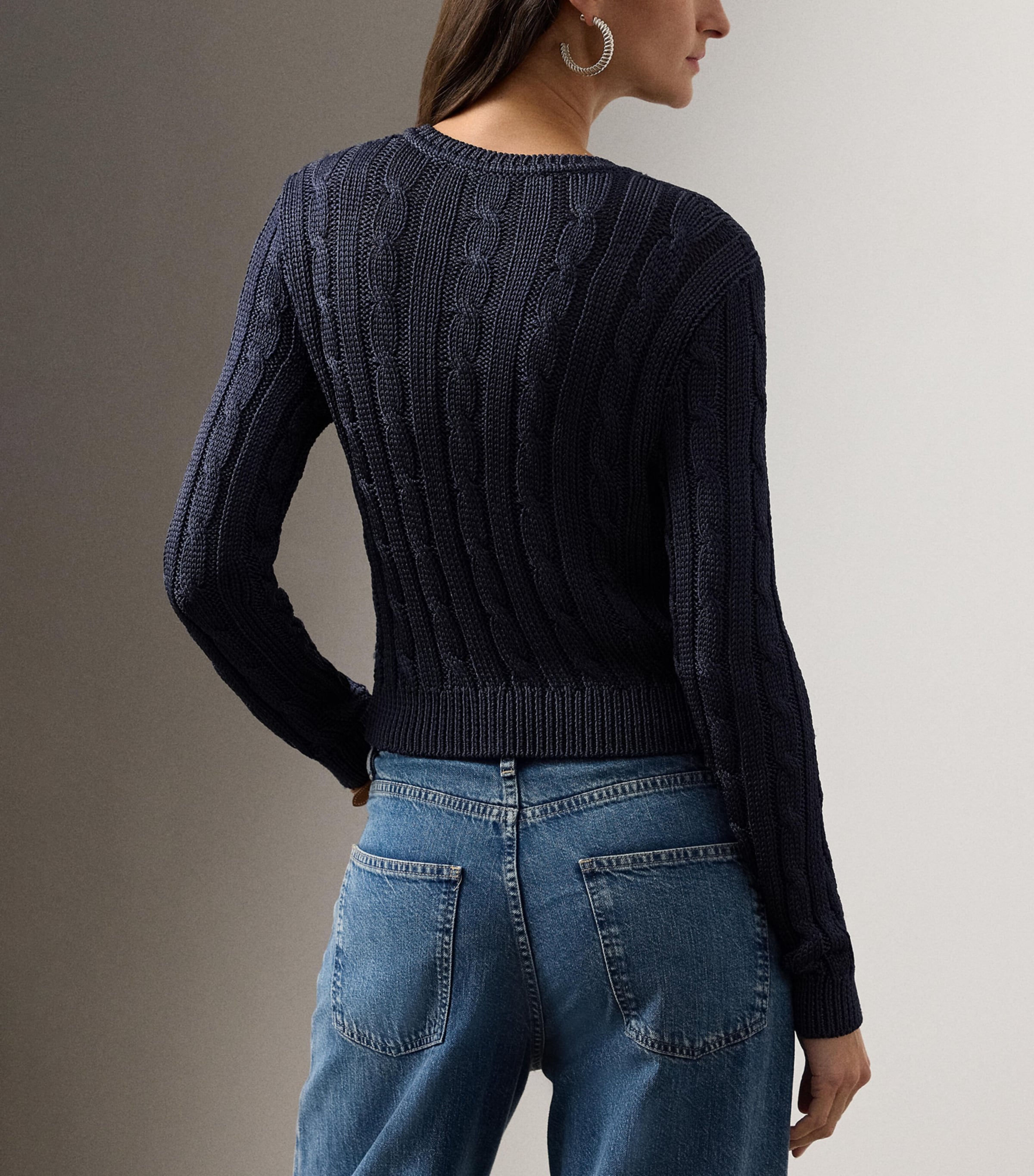 Silk Cable-Knit Cropped Cardigan NAVY-410 Image 3