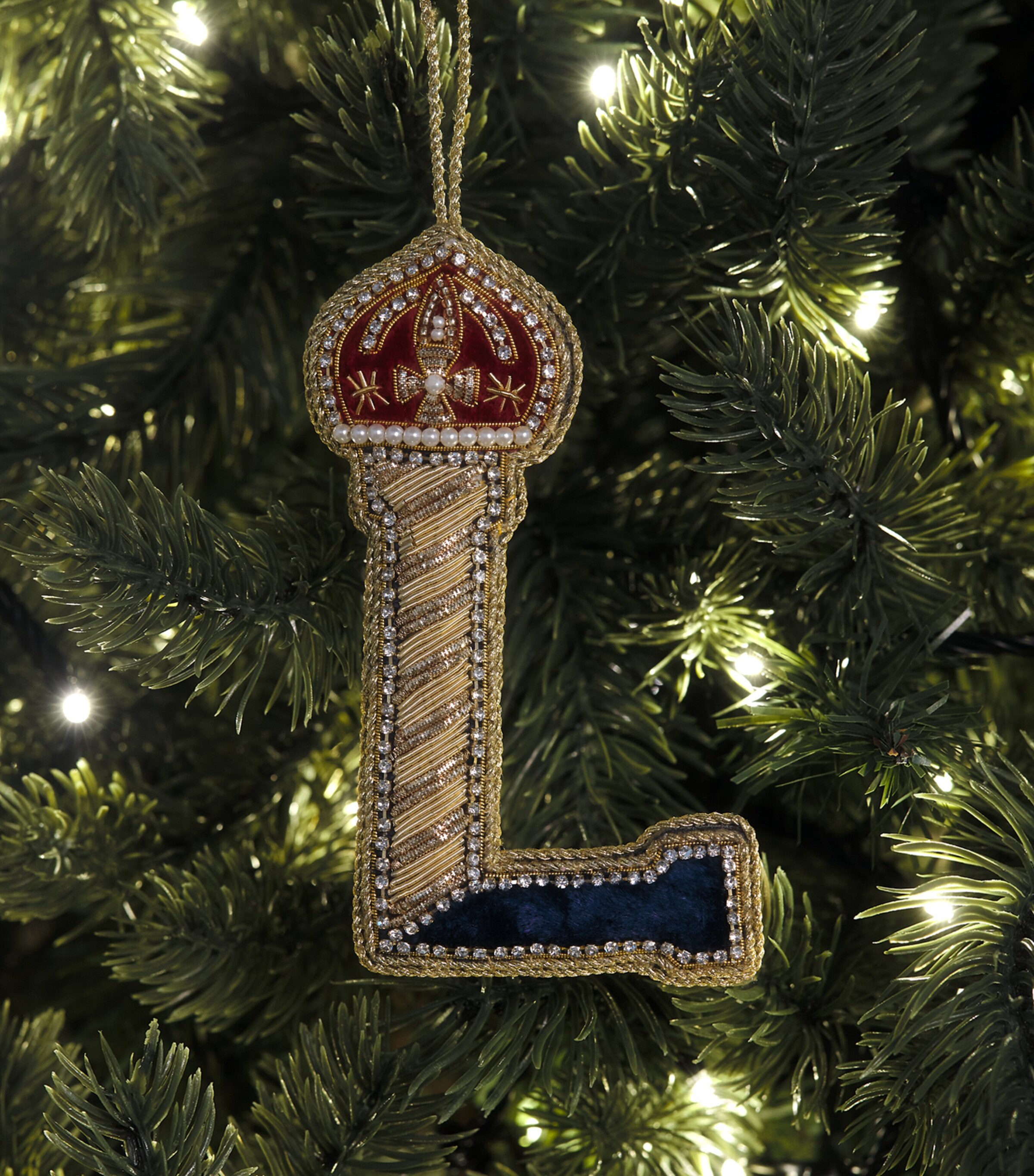 Tinker Tailor Velvet Crystal Letter L Tree Decoration Navy, Gold & Wine Image 3