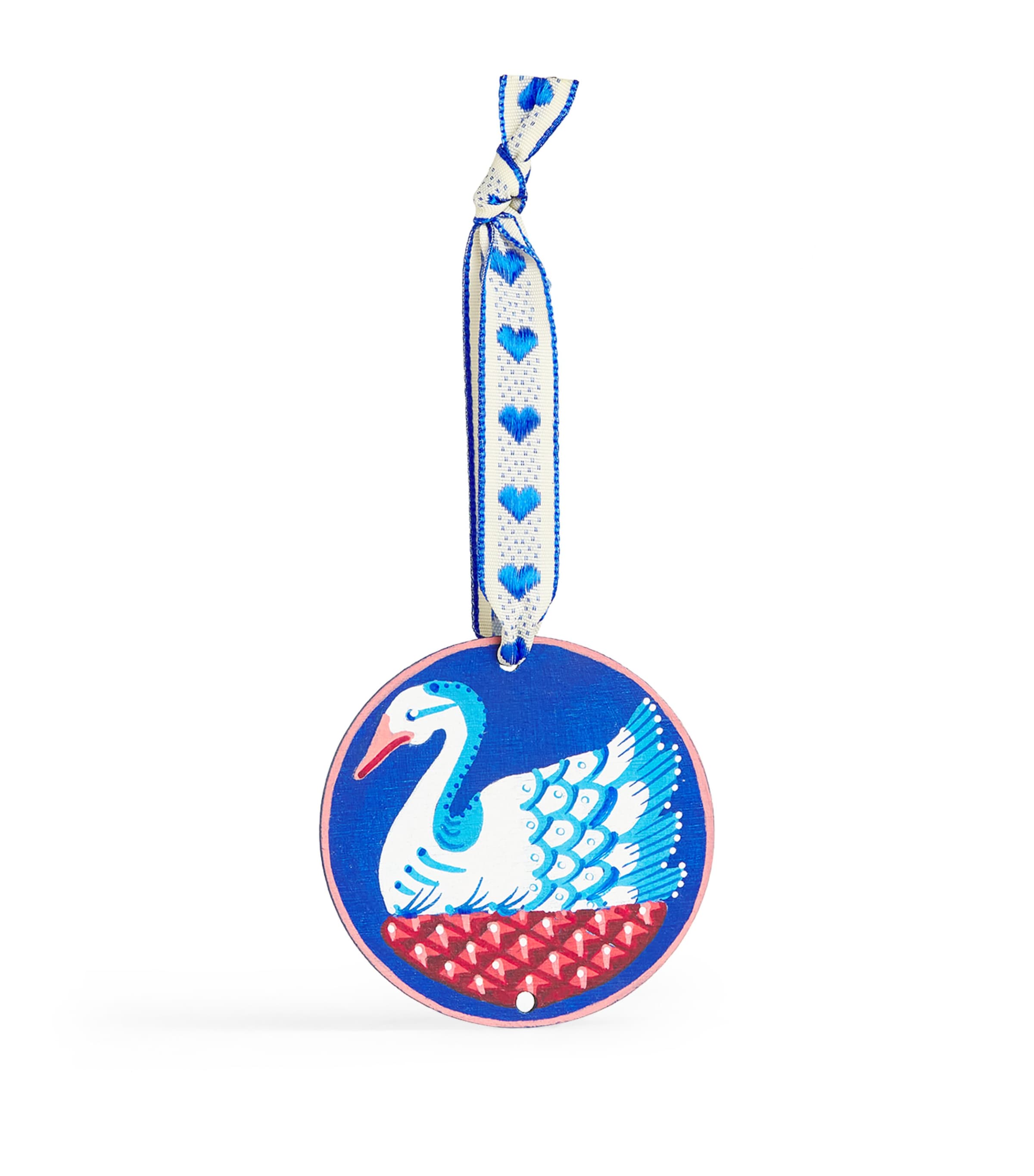 Harrods Wooden Swan Bauble In Blue