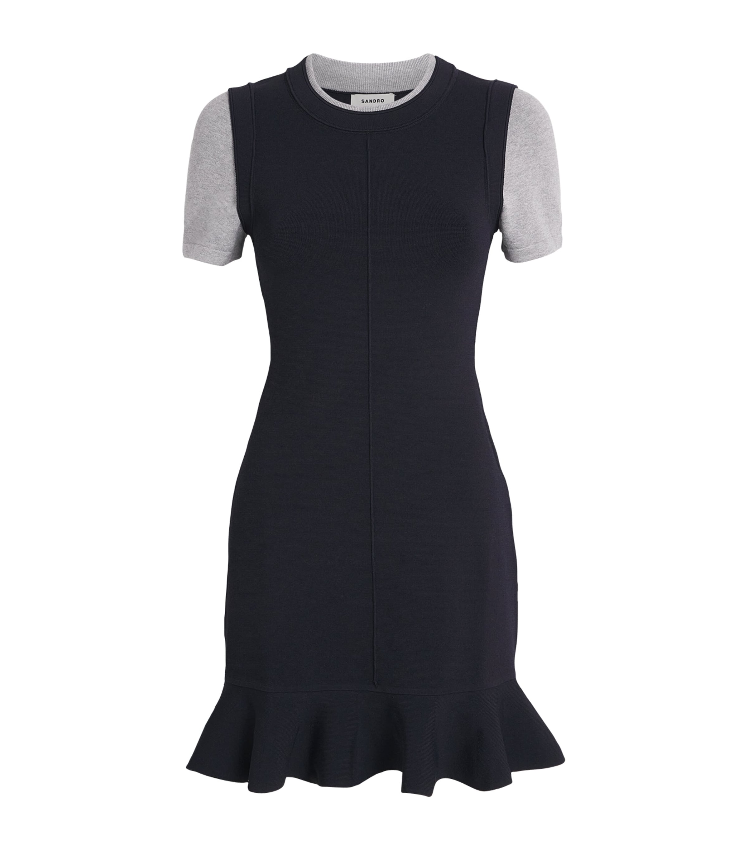 Sandro Knit Contrast-sleeve Mini Dress In Blue