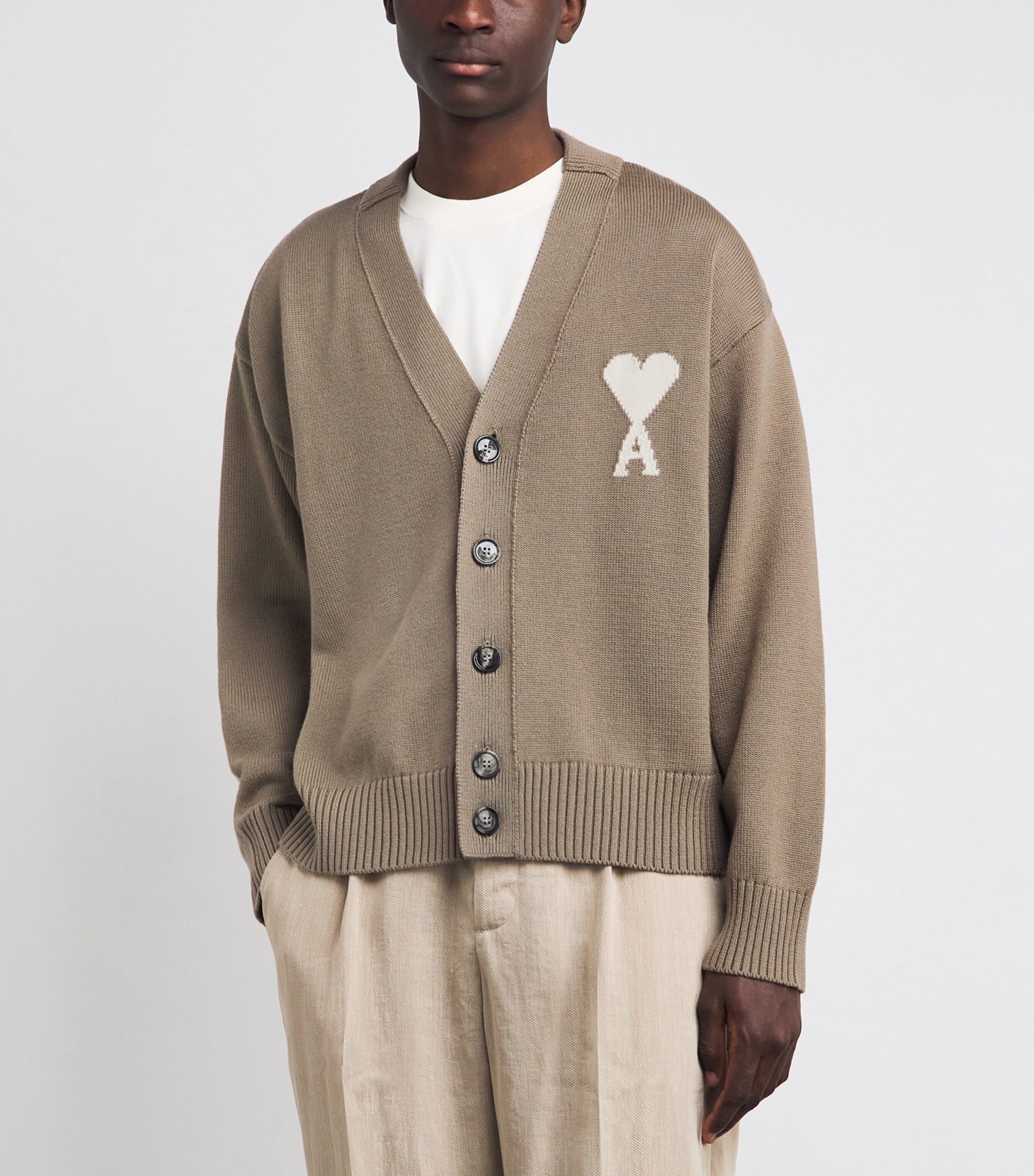 AMI Paris Mens Virgin Wool Ami de Coeur Cardigan Bge Taupe/ecru Image 4