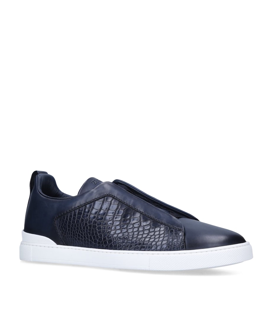 Zegna Crocodile Leather Triple Stitch Sneakers Navy Image 1