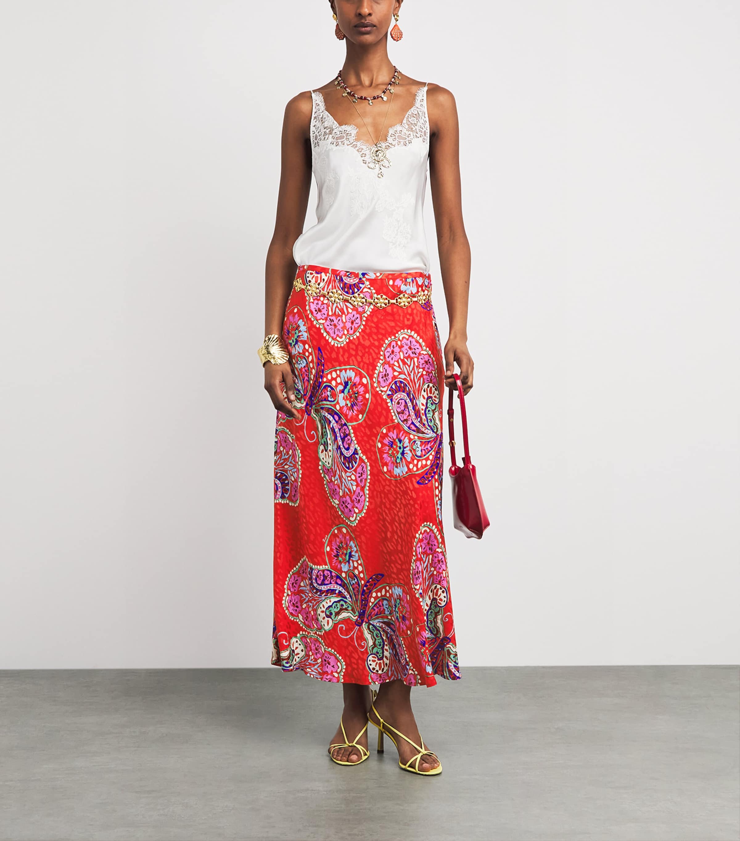 Rixo Womens Satin Printed Kelly Midi Skirt Bttrfly Blm Jacq Red Image 2
