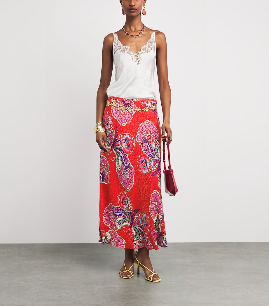 Rixo Womens Satin Printed Kelly Midi Skirt Bttrfly Blm Jacq Red Image 2