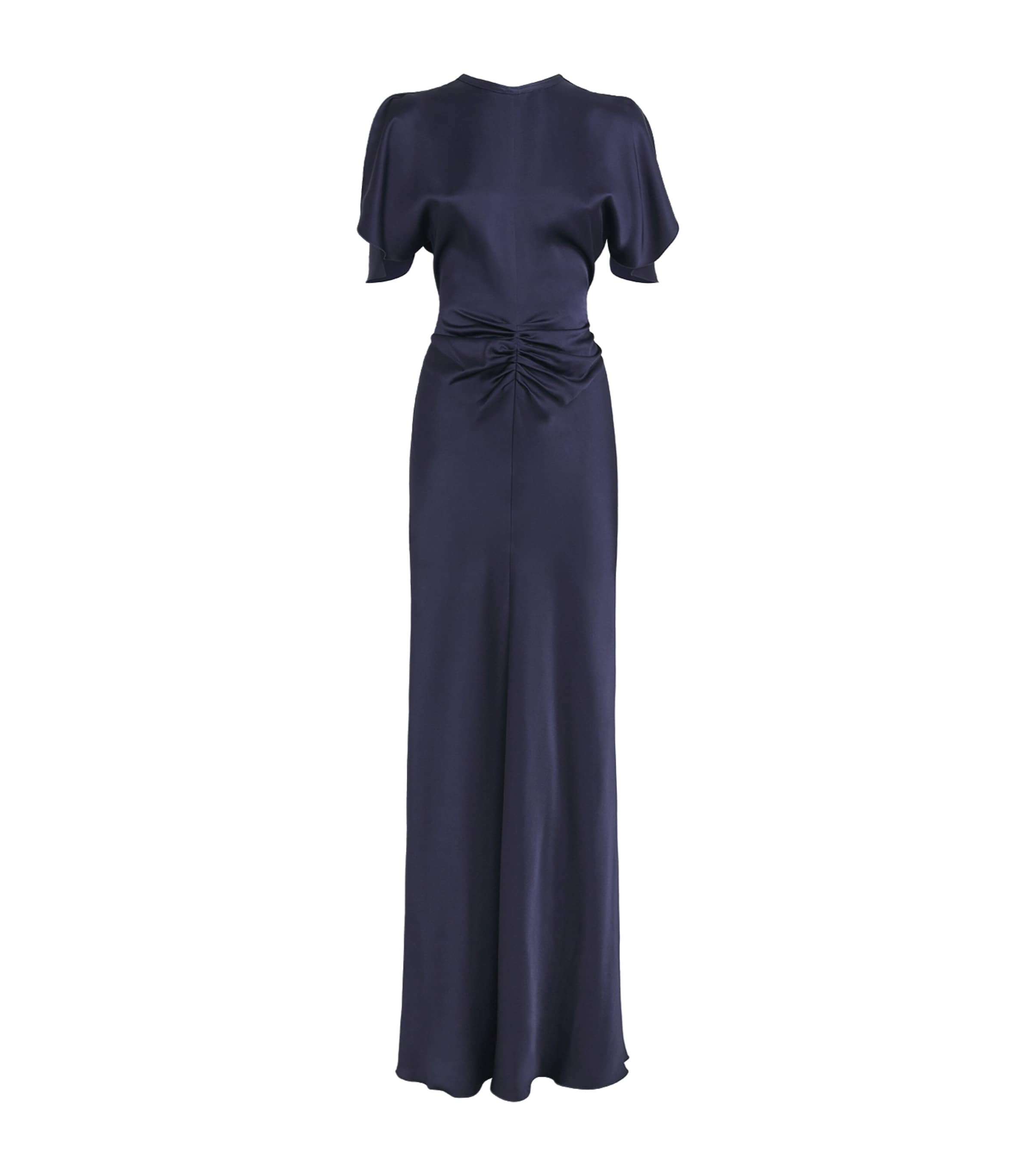 Victoria Beckham Navy Blue Long Dress With Gathered Waist In Blue