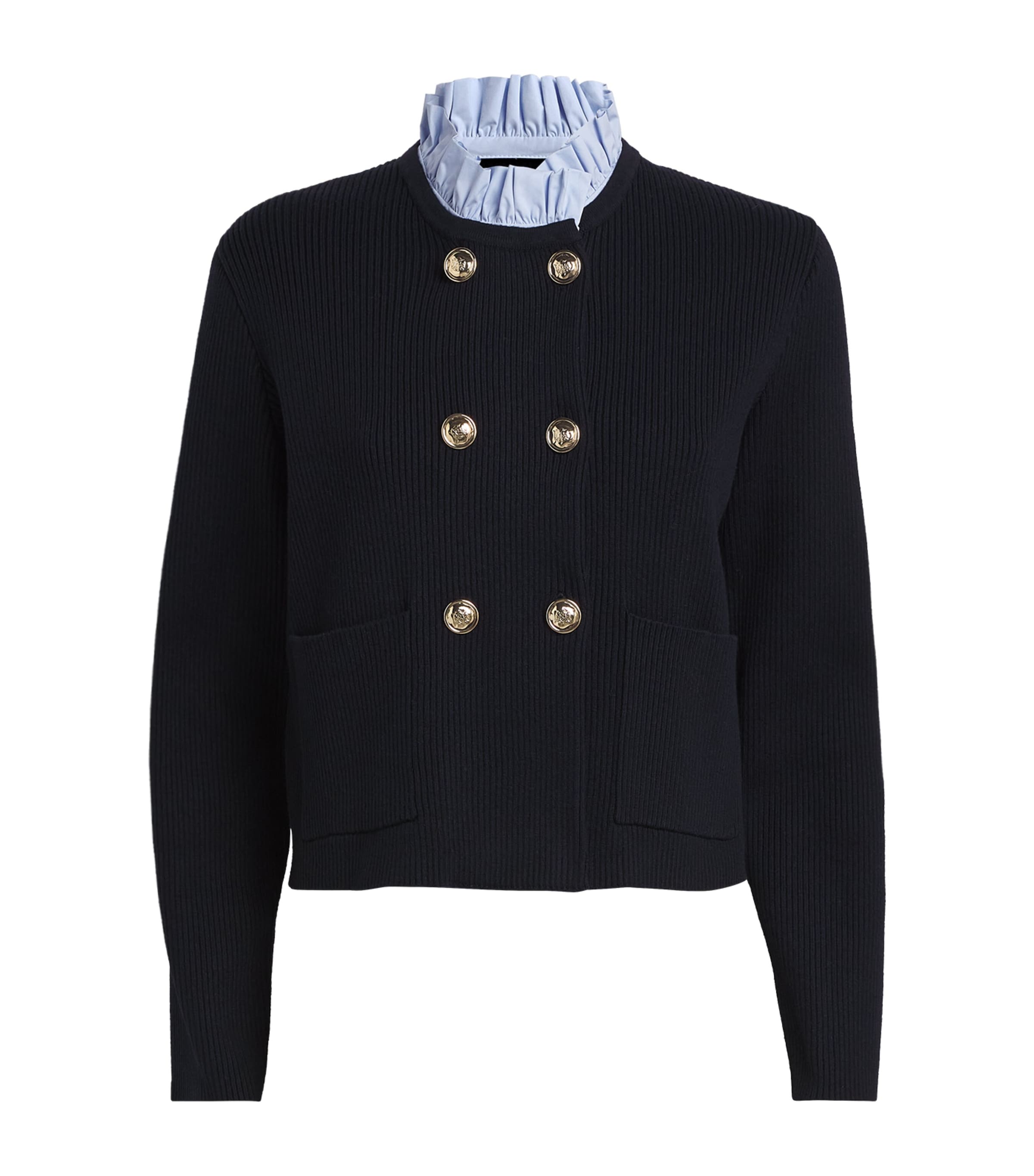 Sandro William Rib-knit Ruffled Collar Cardigan In Blue