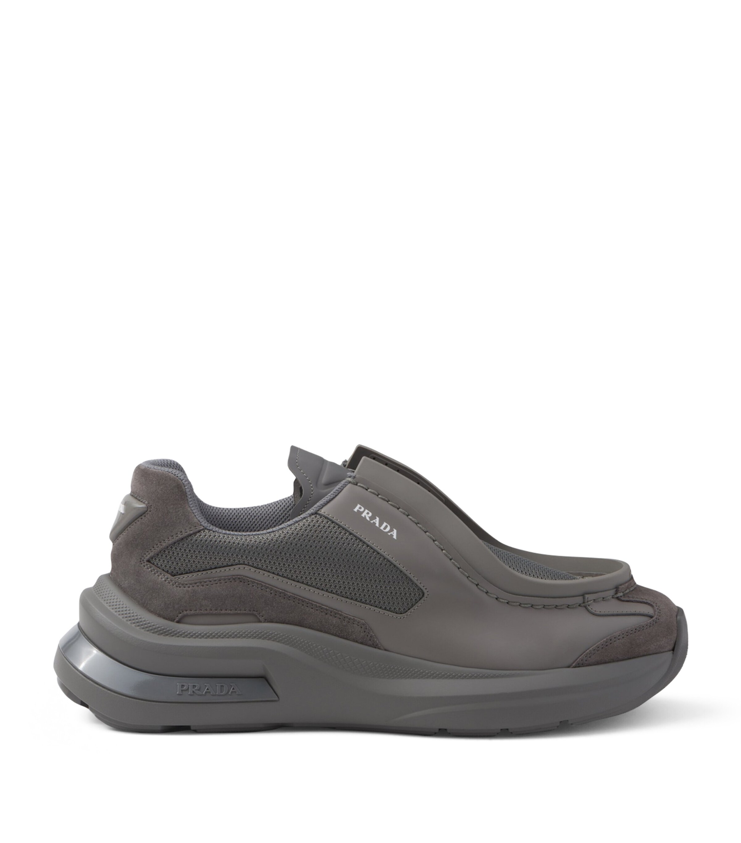 Prada Systeme Brushed Leather Sneakers With Bike Fabric And Suede Elements In Grey