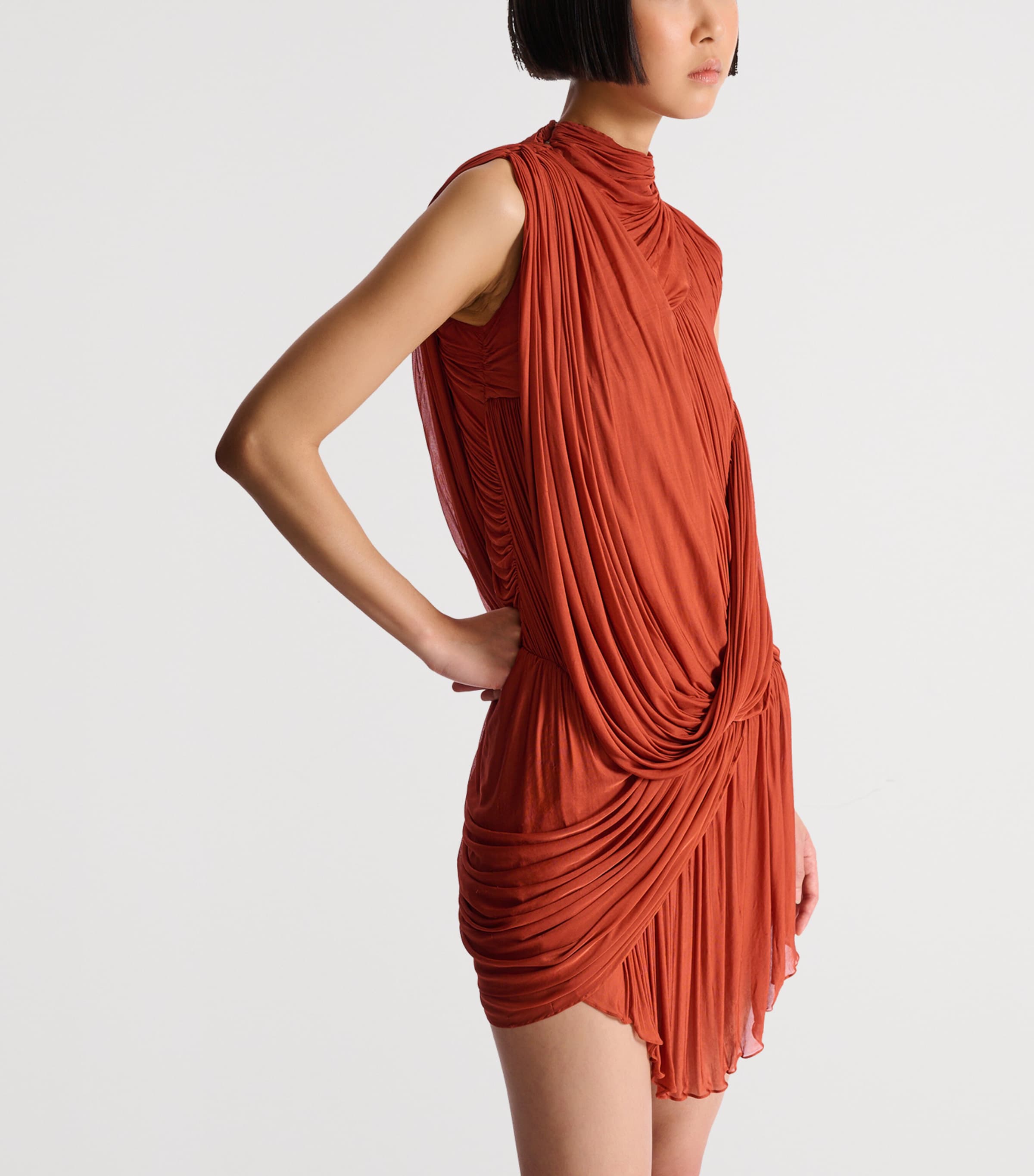 Balmain Womens Jersey Draped Mini Dress Rouge Ocre Image 5