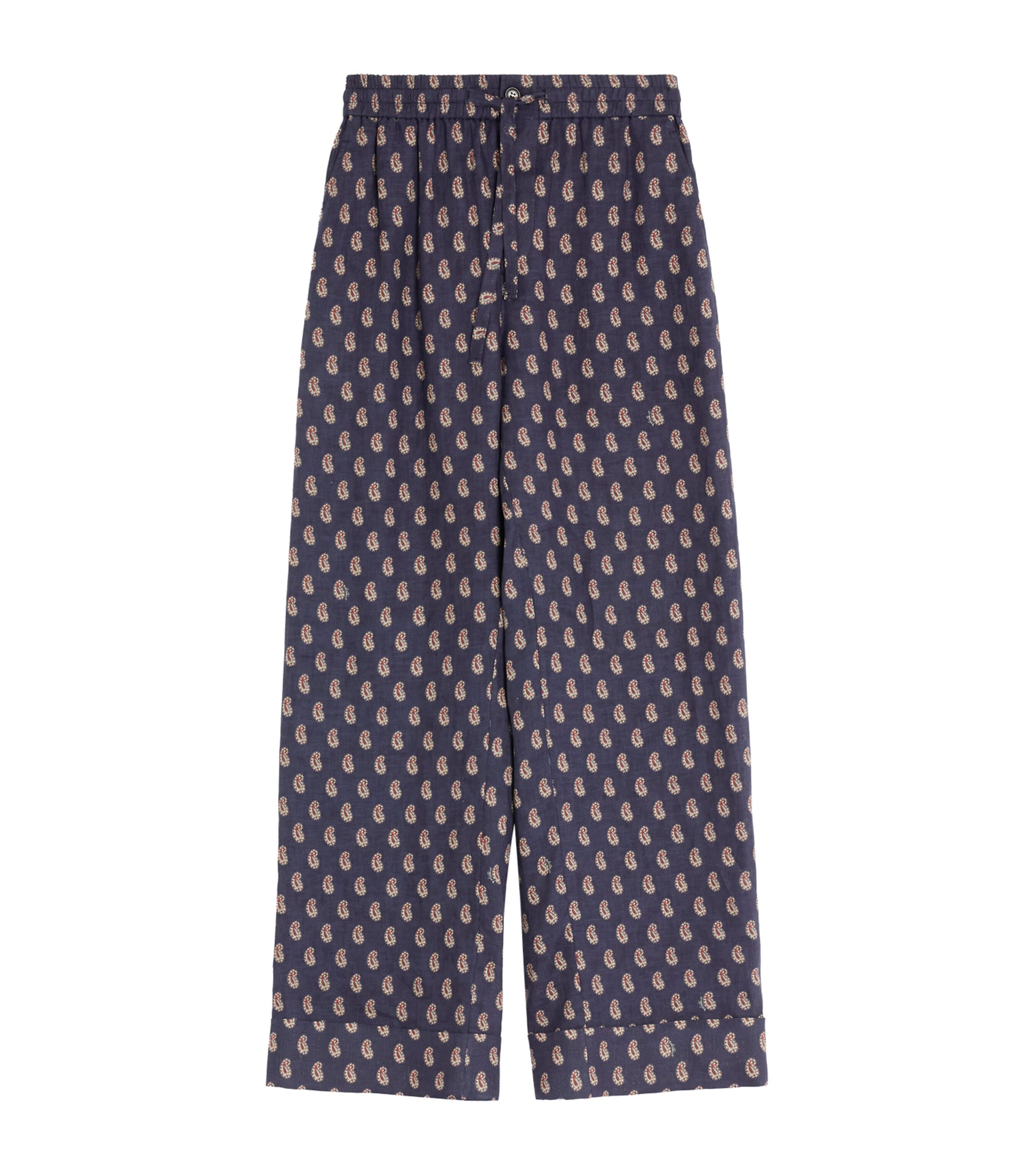 Valentino Lightweight Cuffed Linen Trousers With Voyage Imaginaire Print In Blue