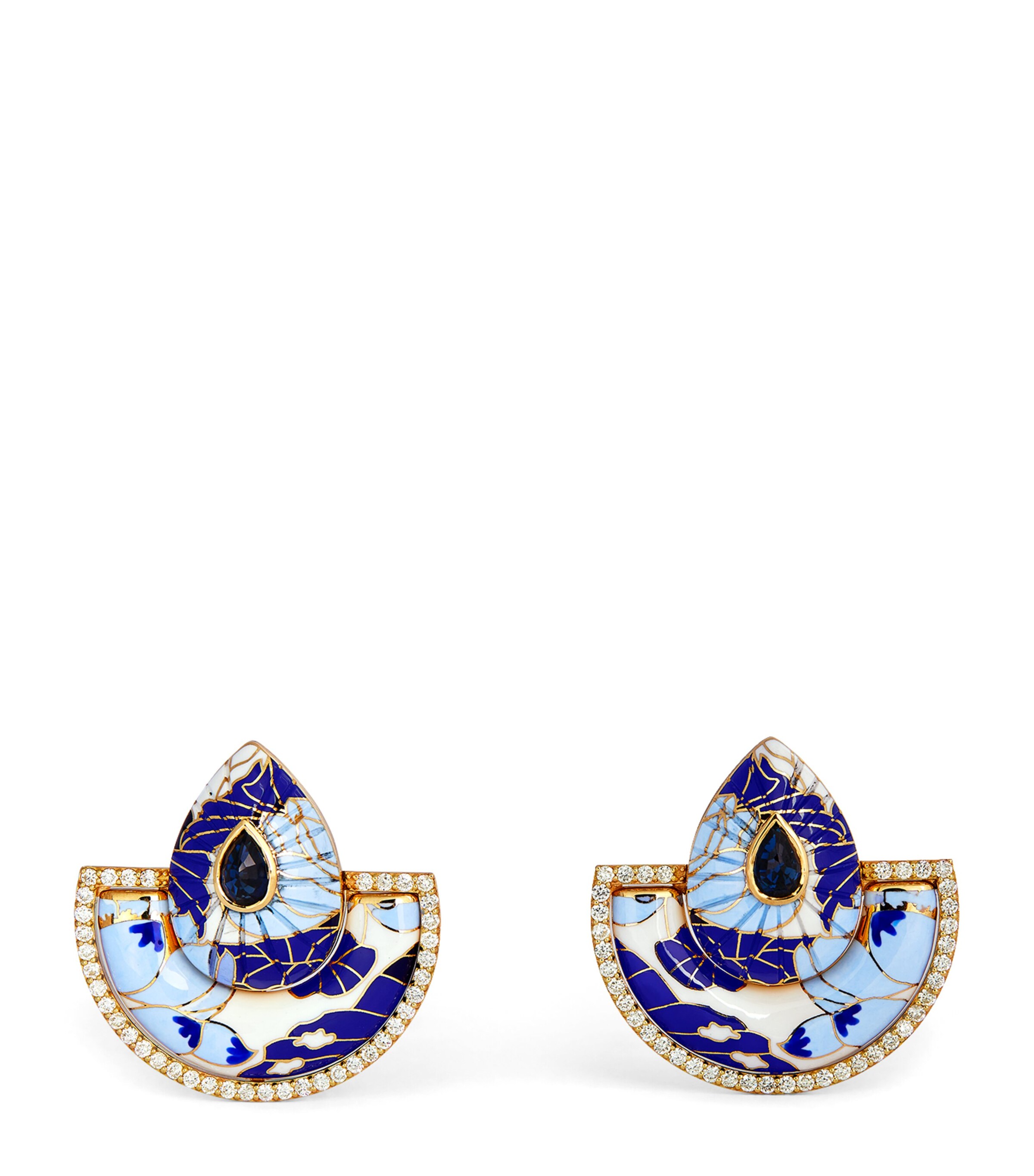 L'ATELIER NAWBAR Yellow Gold and Diamond Chinoiserie Bond Fan Earrings Blue White Image 1