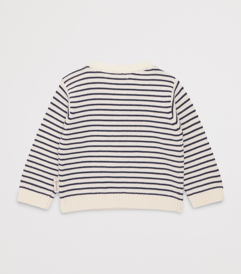 Harrods Cotton Stripe Bear Sweater (0-18 Months) Blue Image 2