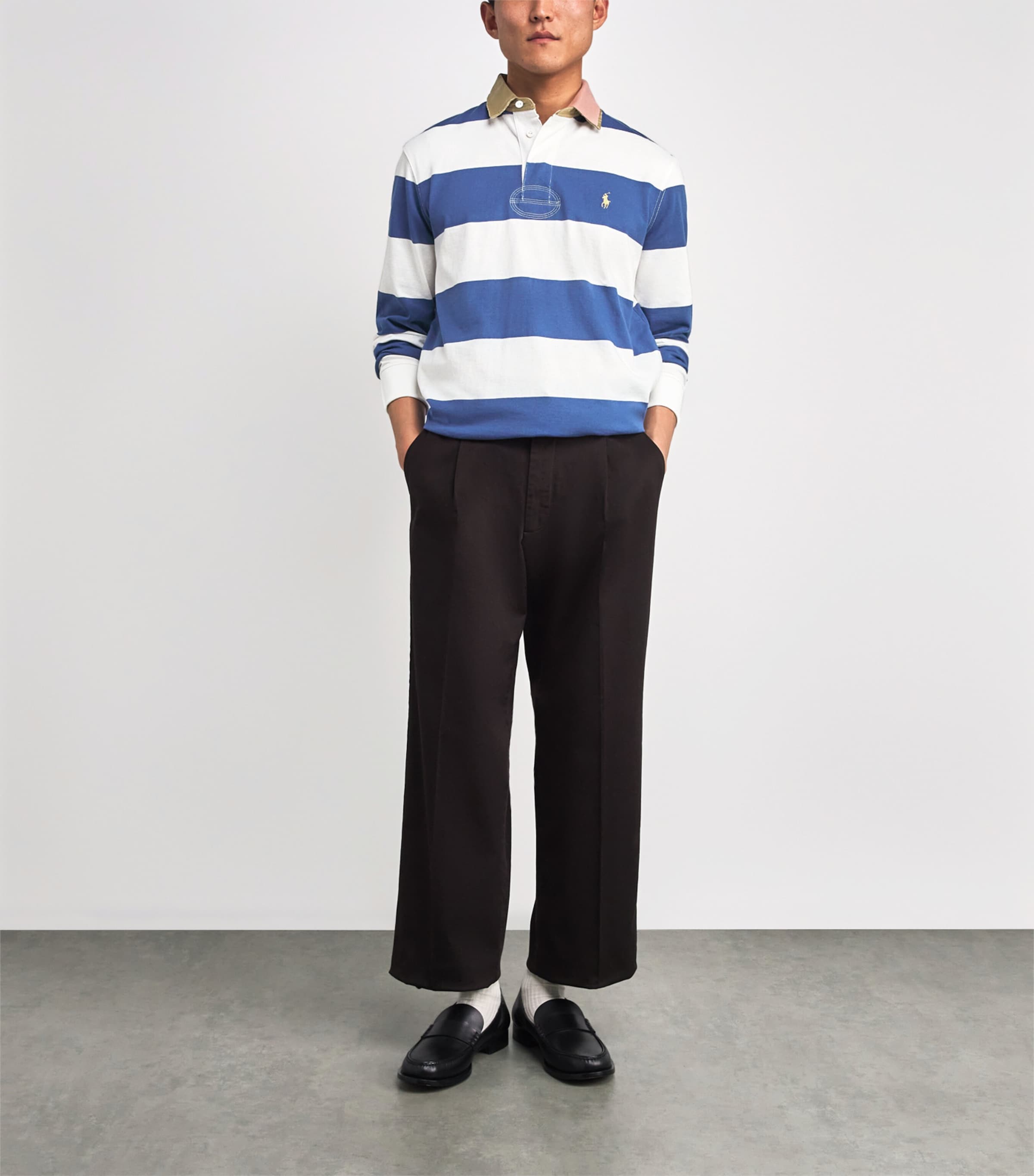 Cotton Stripe Polo Pony Rugby Shirt BLUE Image 2