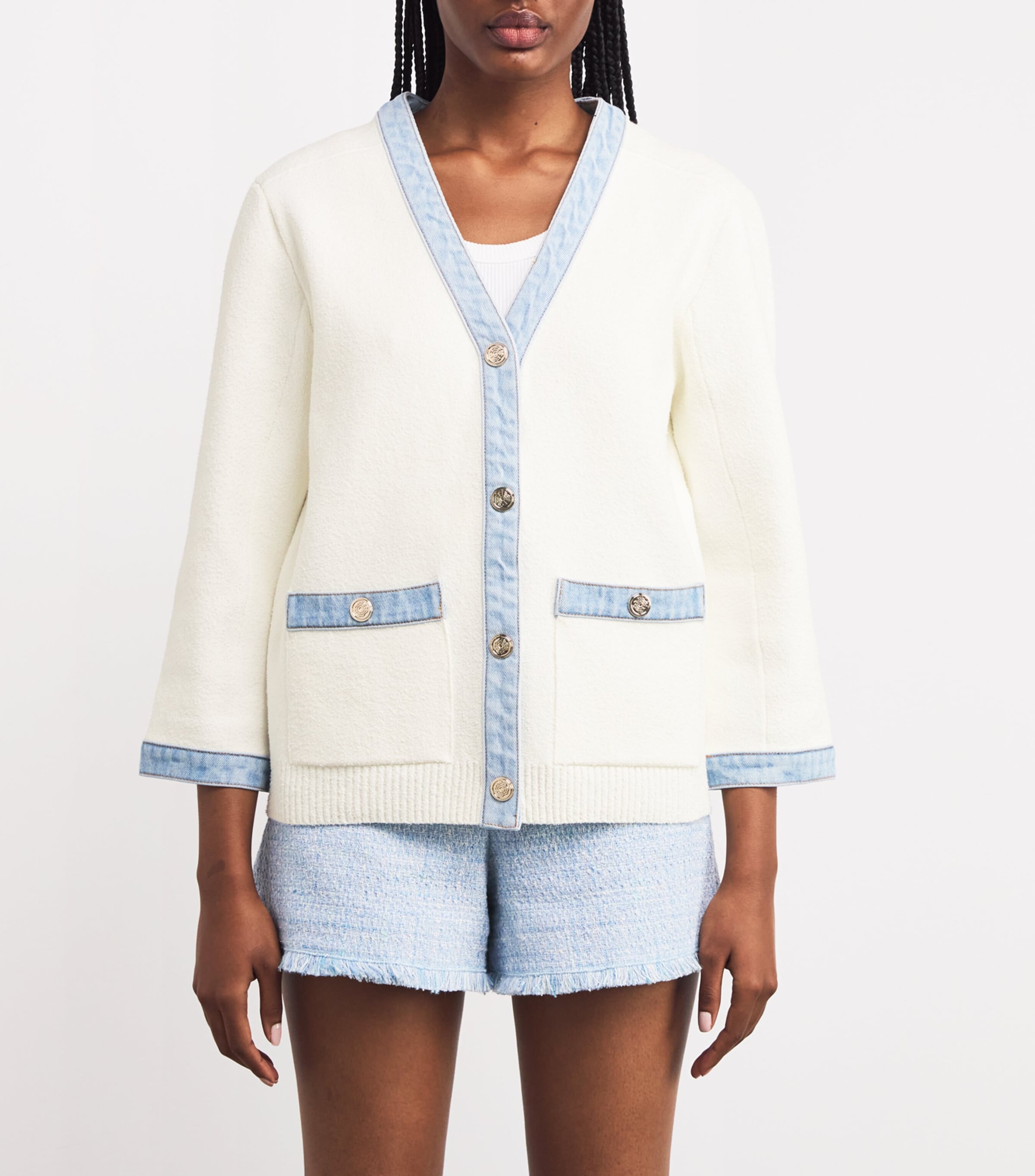 Maje Womens Denim-Trimmed Cardigan Ecru Image 3