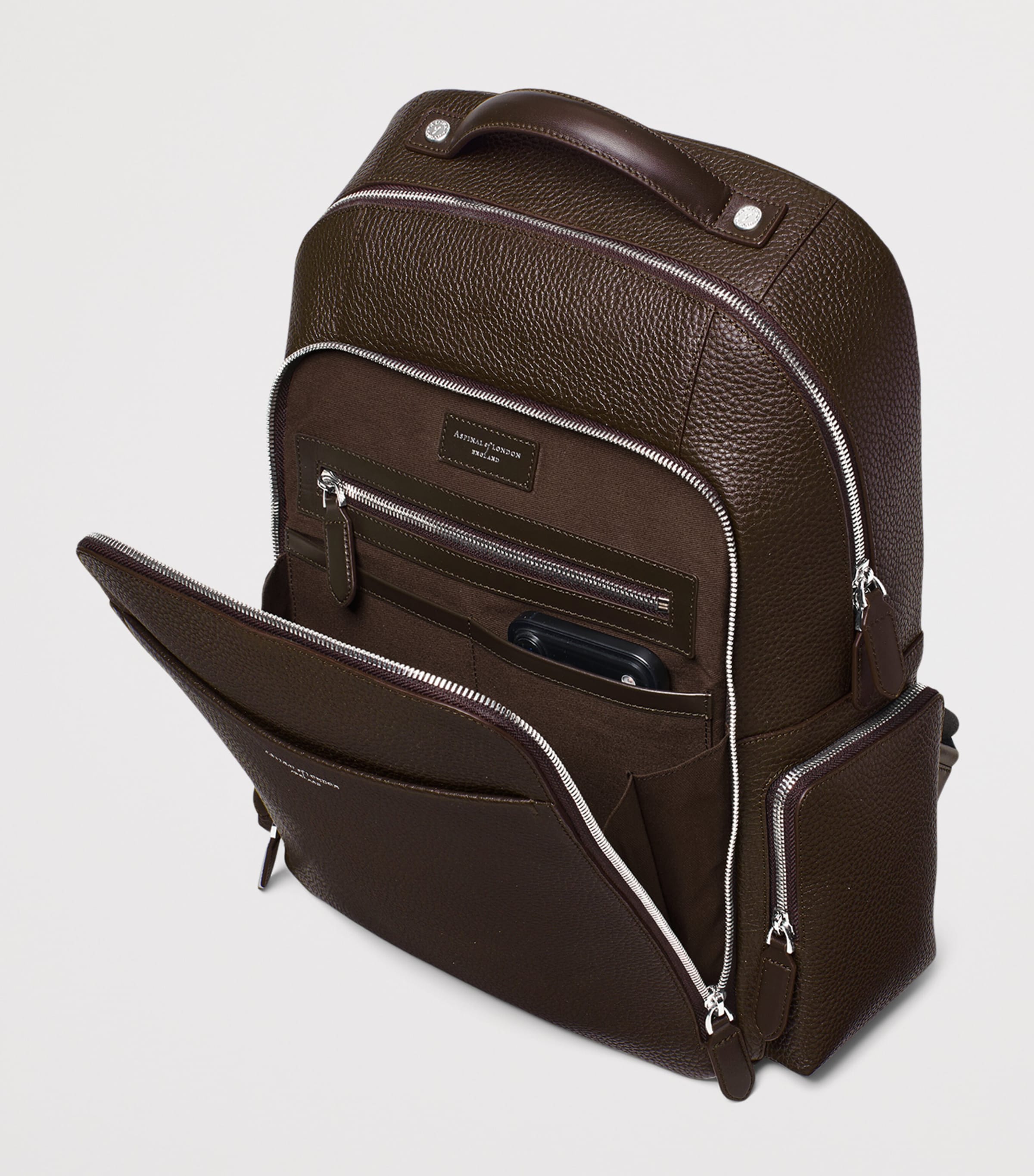 Aspinal Of London Pebbled Leather Reporter Zipped Backpack Chocolate Image 6