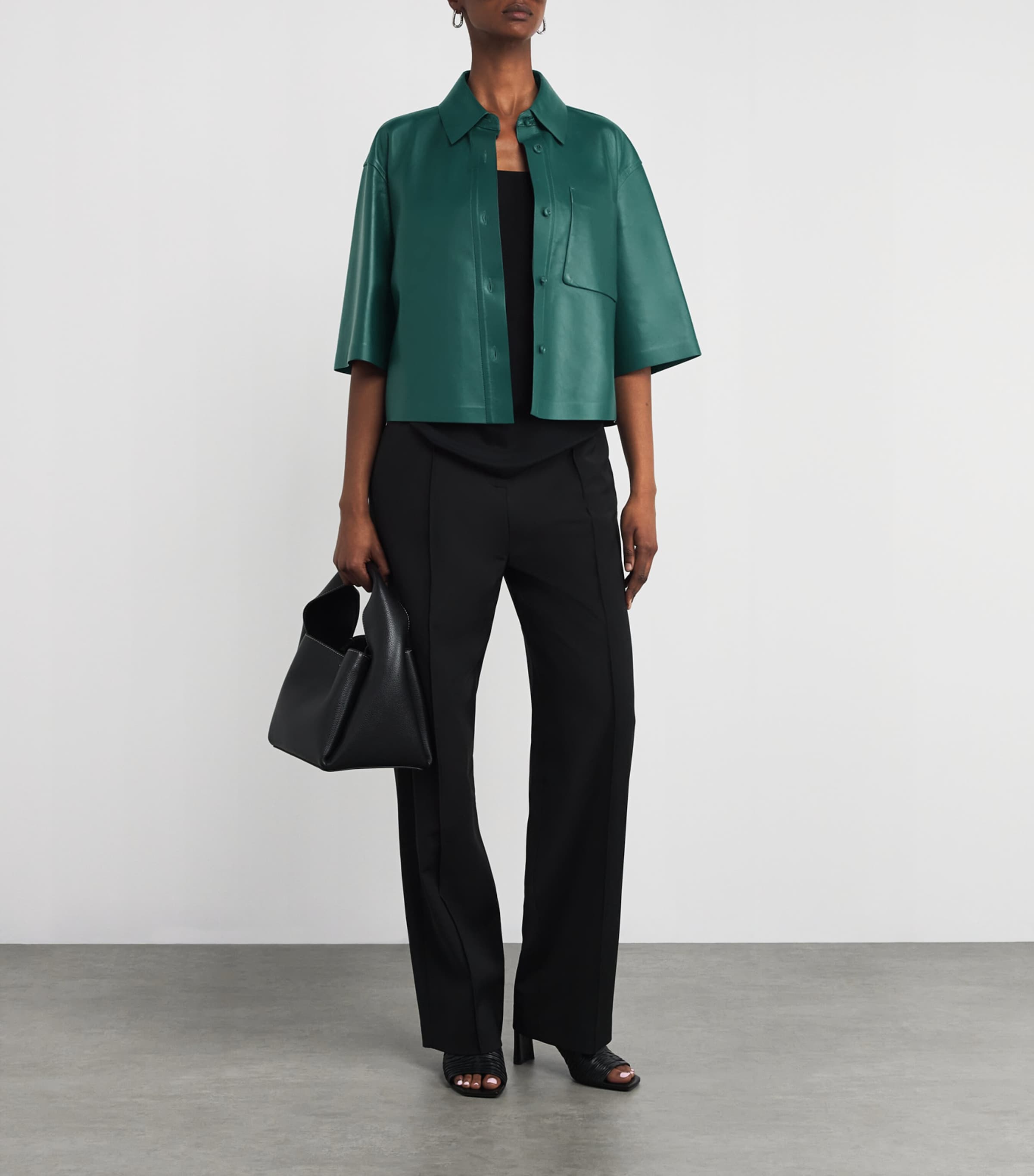 Nappa Leather Short-Sleeve Arcella Shirt DARK GREEN Image 2