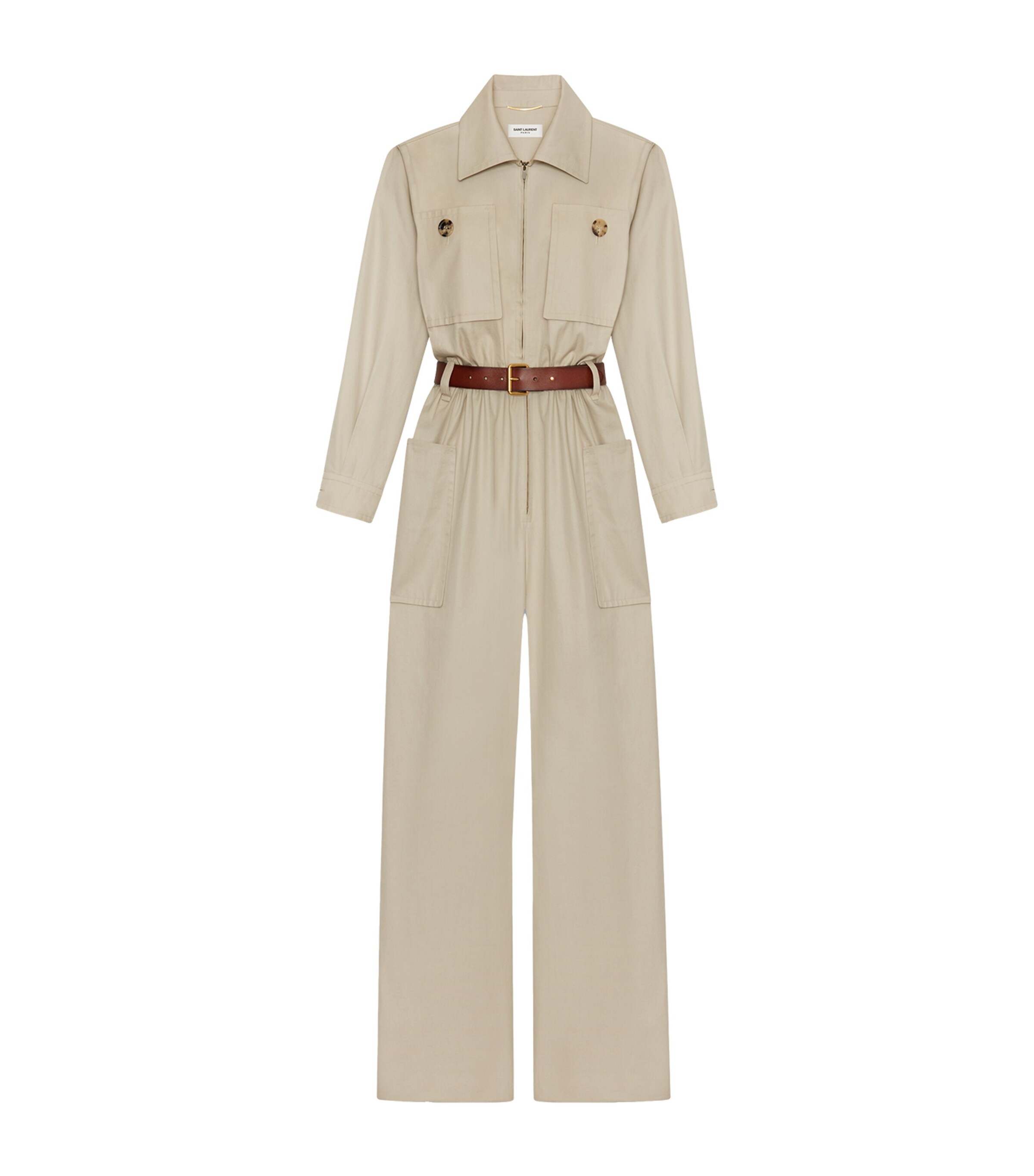 Shop Saint Laurent Cotton Safari Jumpsuit In Nude