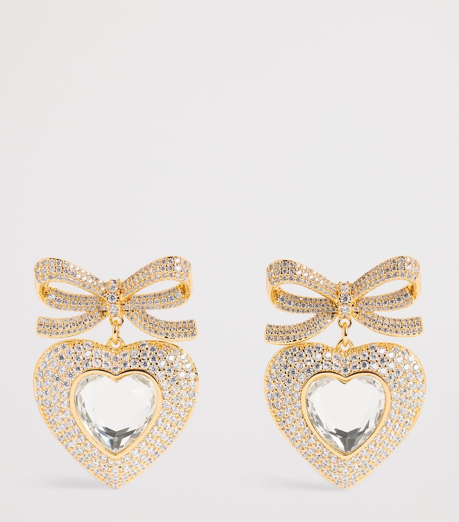 Crystal-Embellished Bow Heart Earrings GOLD Image 3