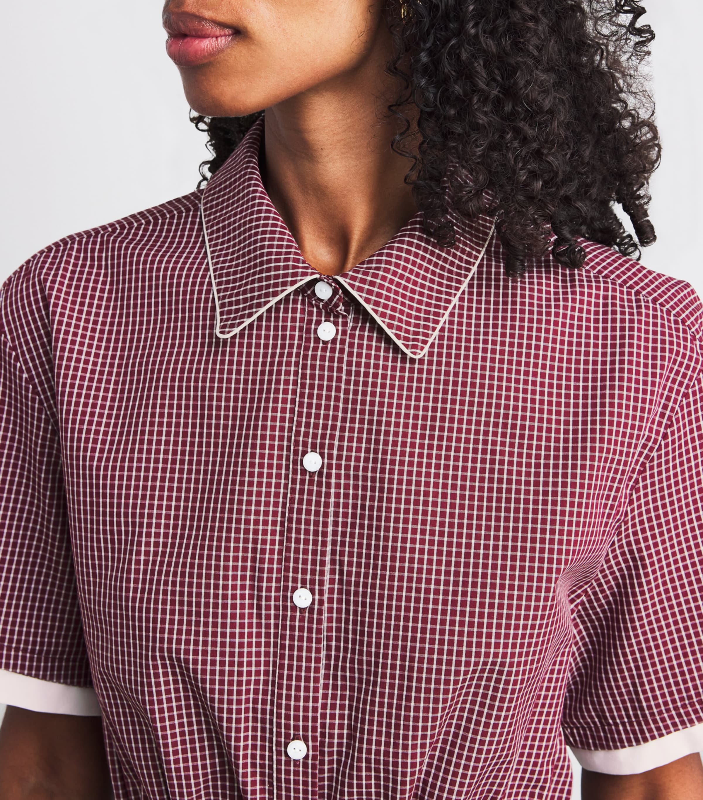 Cotton Check Cropped Shirt BURGUNDY PRINT Image 6