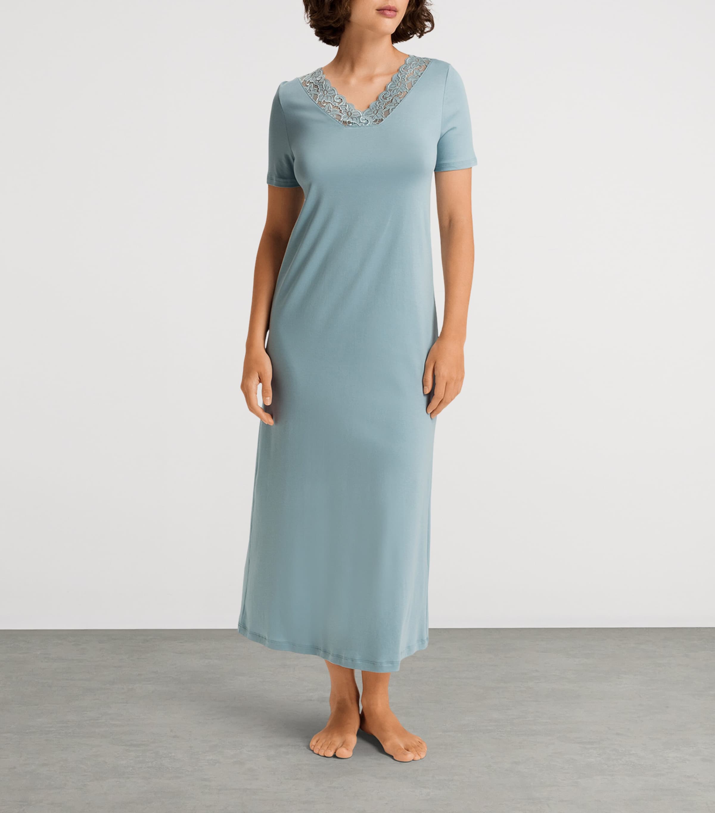 Hanro Womens Cotton Lace-Trim Moments Nightdress Tourmaline Blue Image 3