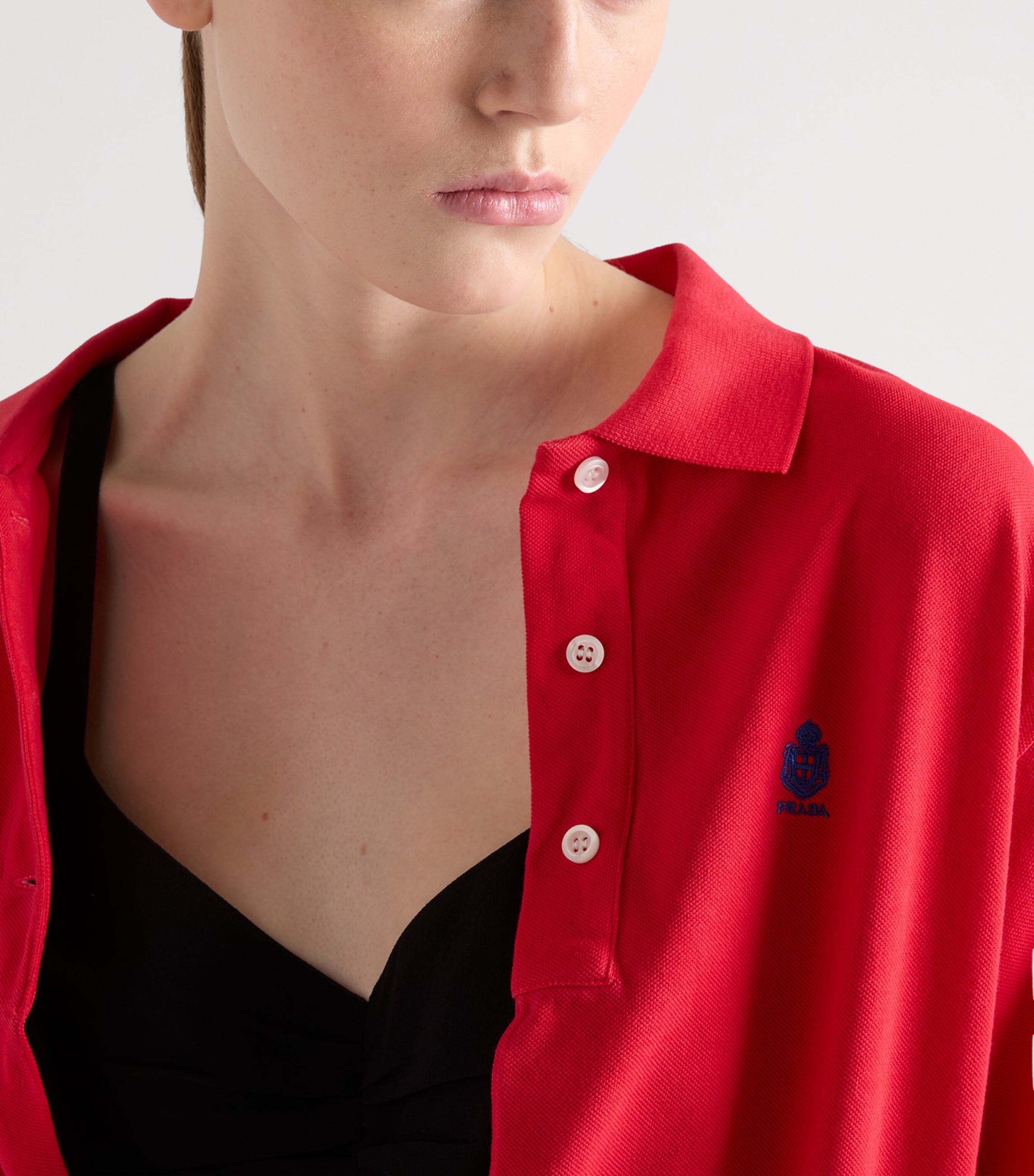 Prada Womens Cotton Piqué Plunge-Neck Polo Shirt Red Image 5